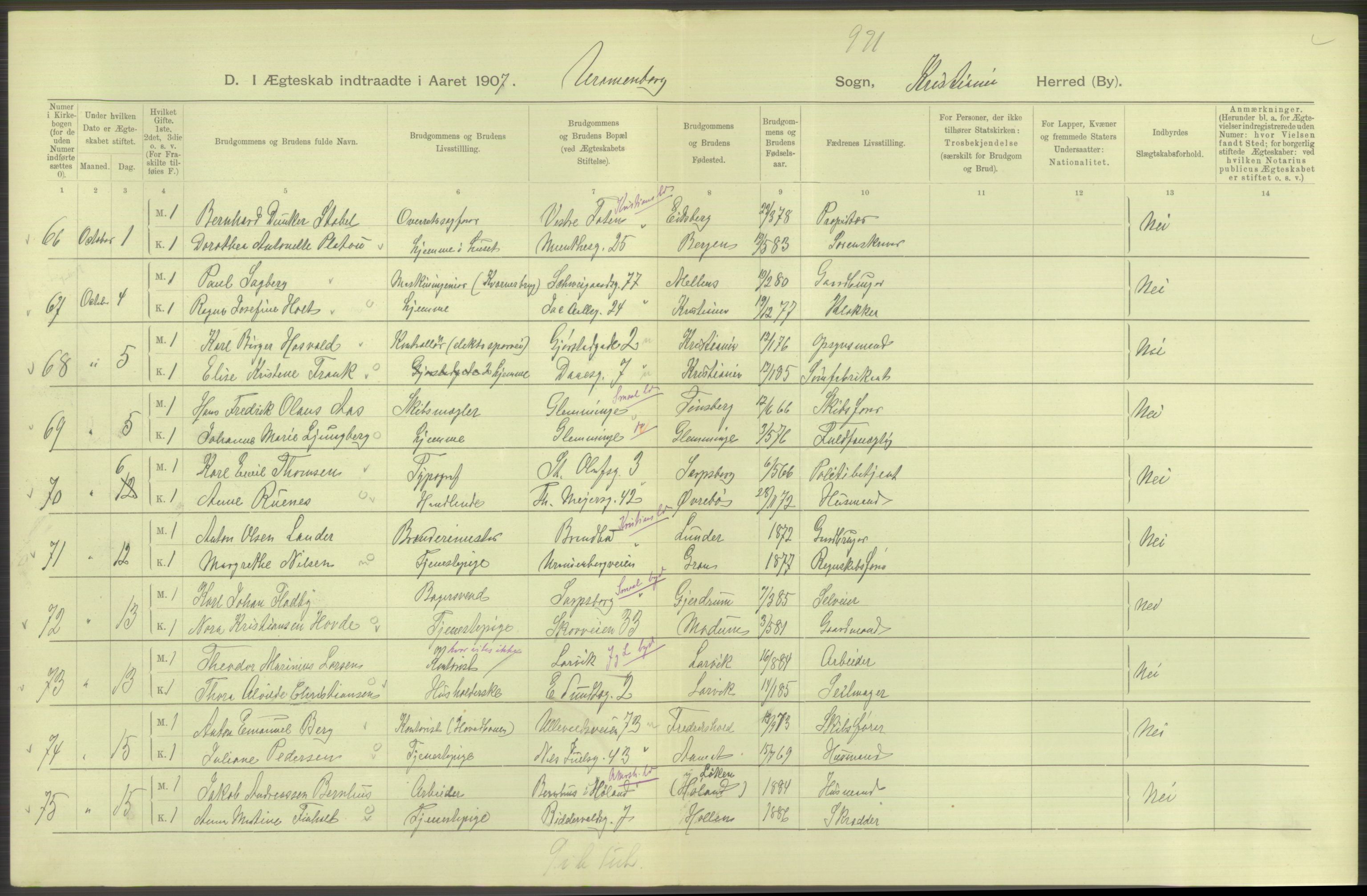 Statistisk sentralbyrå, Sosiodemografiske emner, Befolkning, AV/RA-S-2228/D/Df/Dfa/Dfae/L0008: Kristiania: Gifte, 1907, p. 536