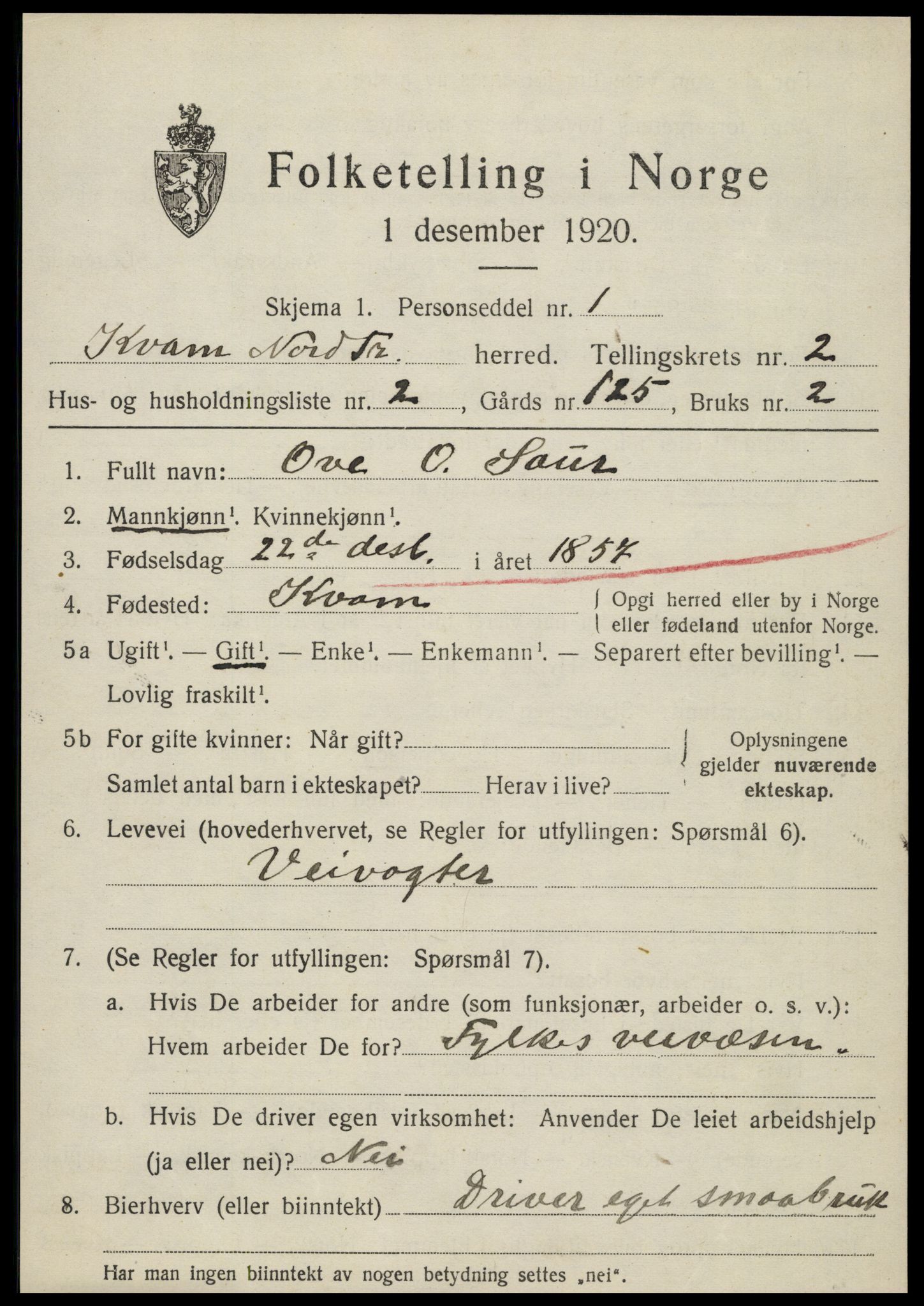 SAT, 1920 census for Kvam, 1920, p. 689