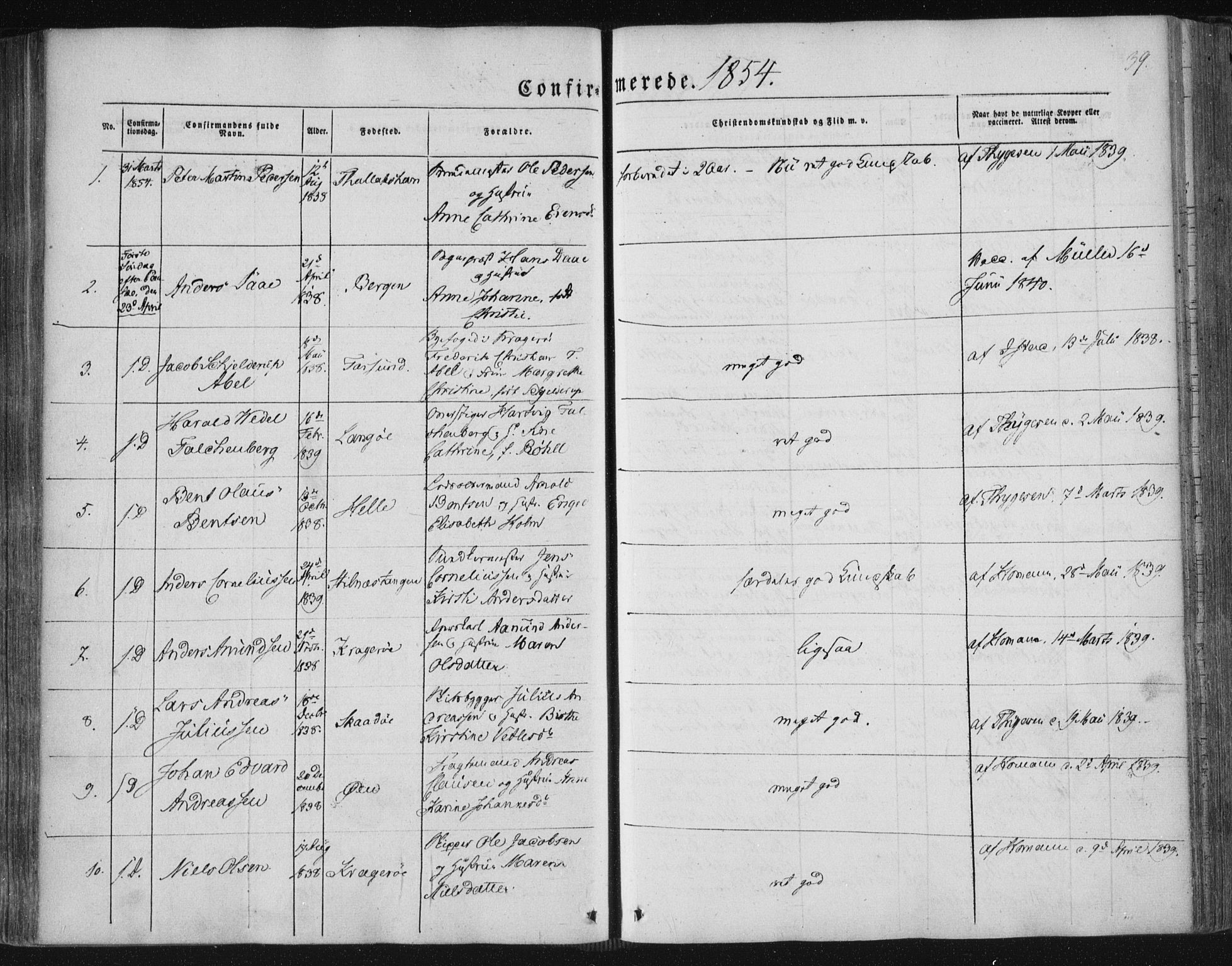 Kragerø kirkebøker, SAKO/A-278/F/Fa/L0006: Parish register (official) no. 6, 1847-1861, p. 39