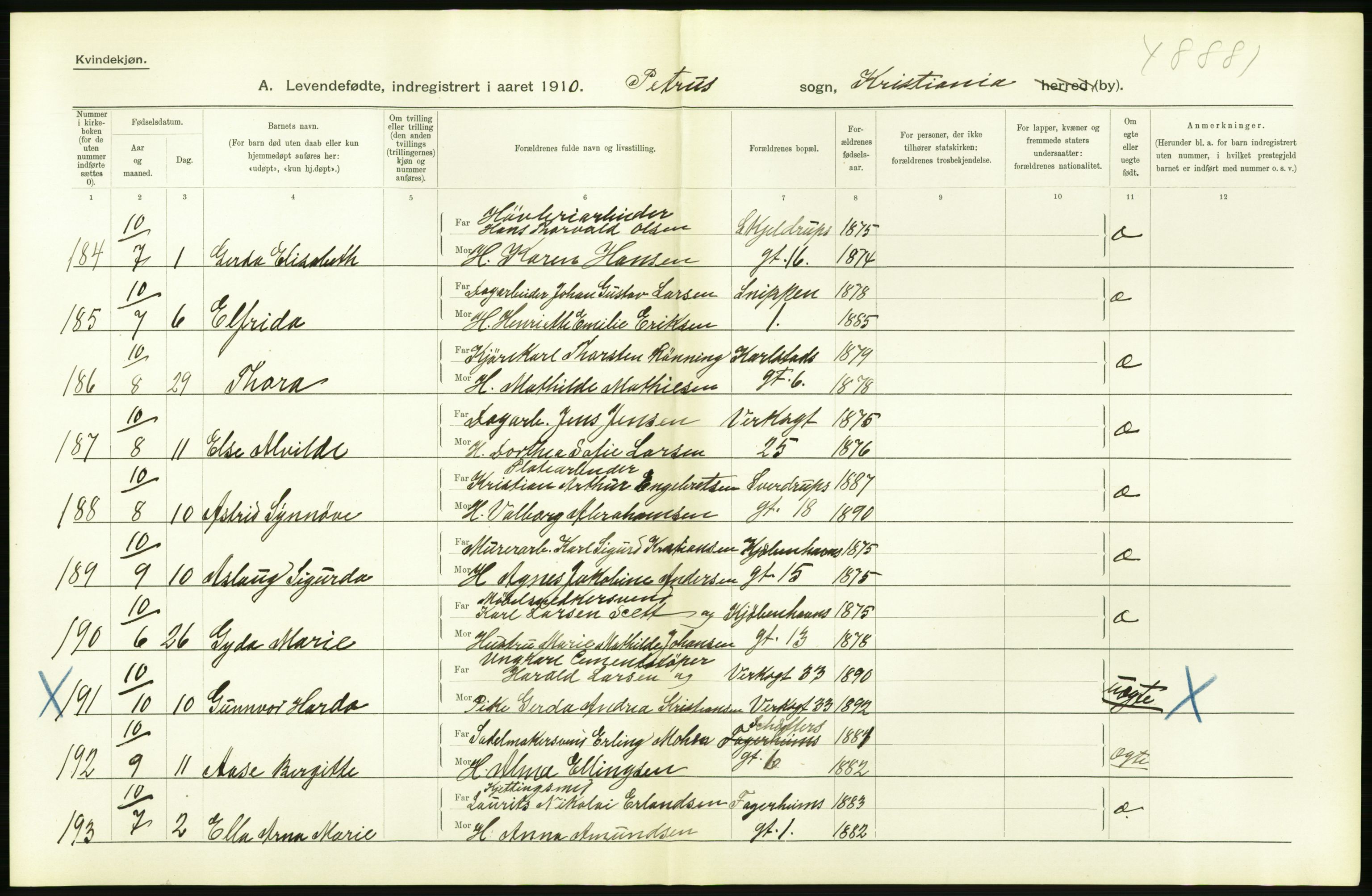 Statistisk sentralbyrå, Sosiodemografiske emner, Befolkning, AV/RA-S-2228/D/Df/Dfa/Dfah/L0007: Kristiania: Levendefødte kvinner., 1910, p. 662