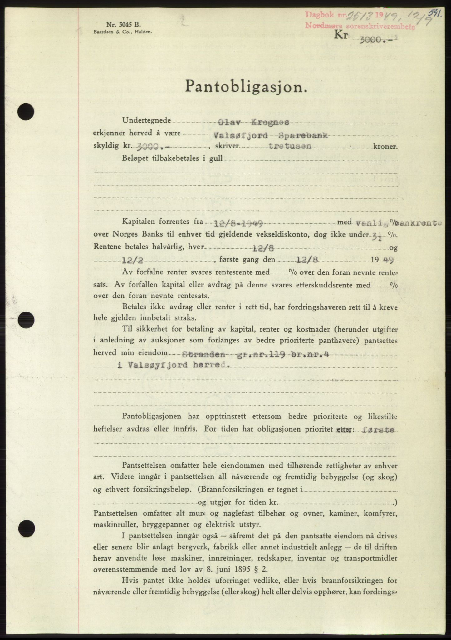 Nordmøre sorenskriveri, AV/SAT-A-4132/1/2/2Ca: Mortgage book no. B102, 1949-1949, Diary no: : 2513/1949