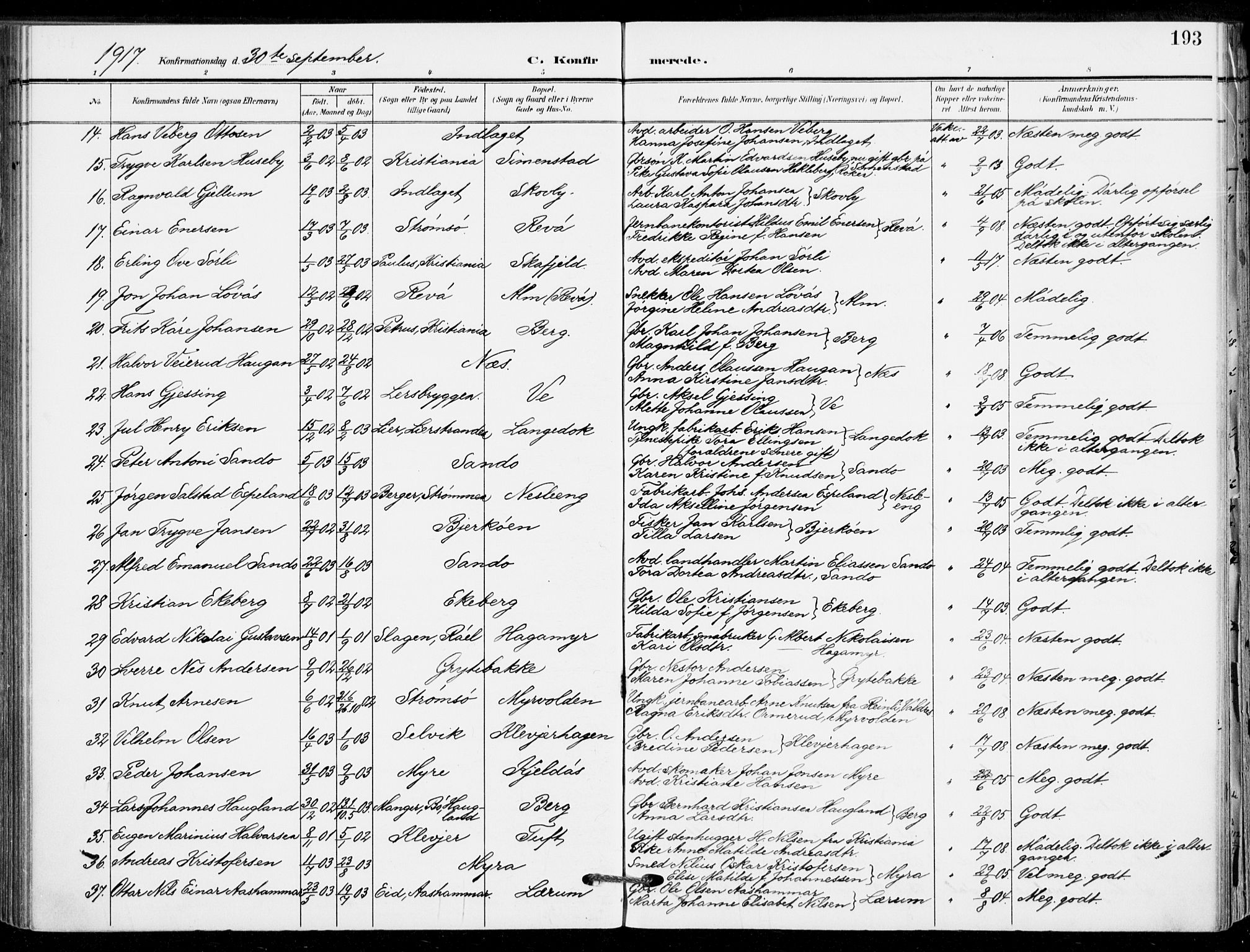 Sande Kirkebøker, AV/SAKO-A-53/F/Fa/L0008: Parish register (official) no. 8, 1904-1921, p. 193