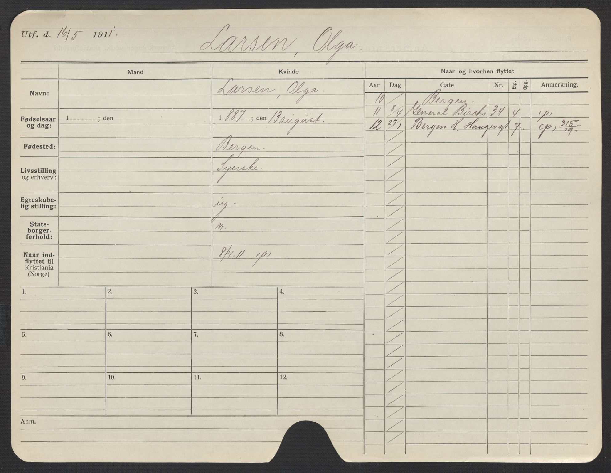 Oslo folkeregister, Registerkort, AV/SAO-A-11715/F/Fa/Fac/L0019: Kvinner, 1906-1914, p. 1104a