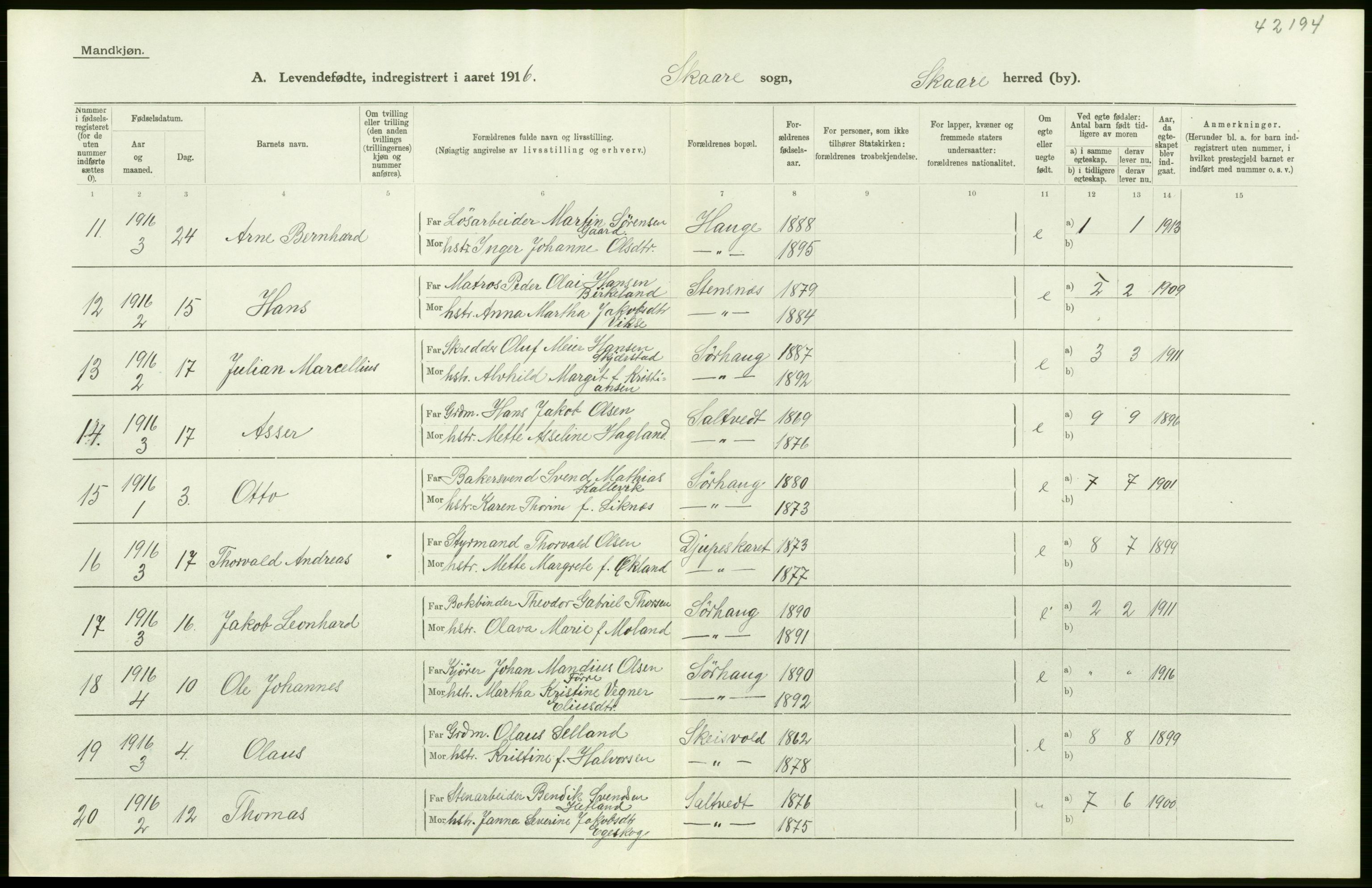 Statistisk sentralbyrå, Sosiodemografiske emner, Befolkning, AV/RA-S-2228/D/Df/Dfb/Dfbf/L0029: Stavanger amt: Levendefødte menn og kvinner. Bygder., 1916, p. 8