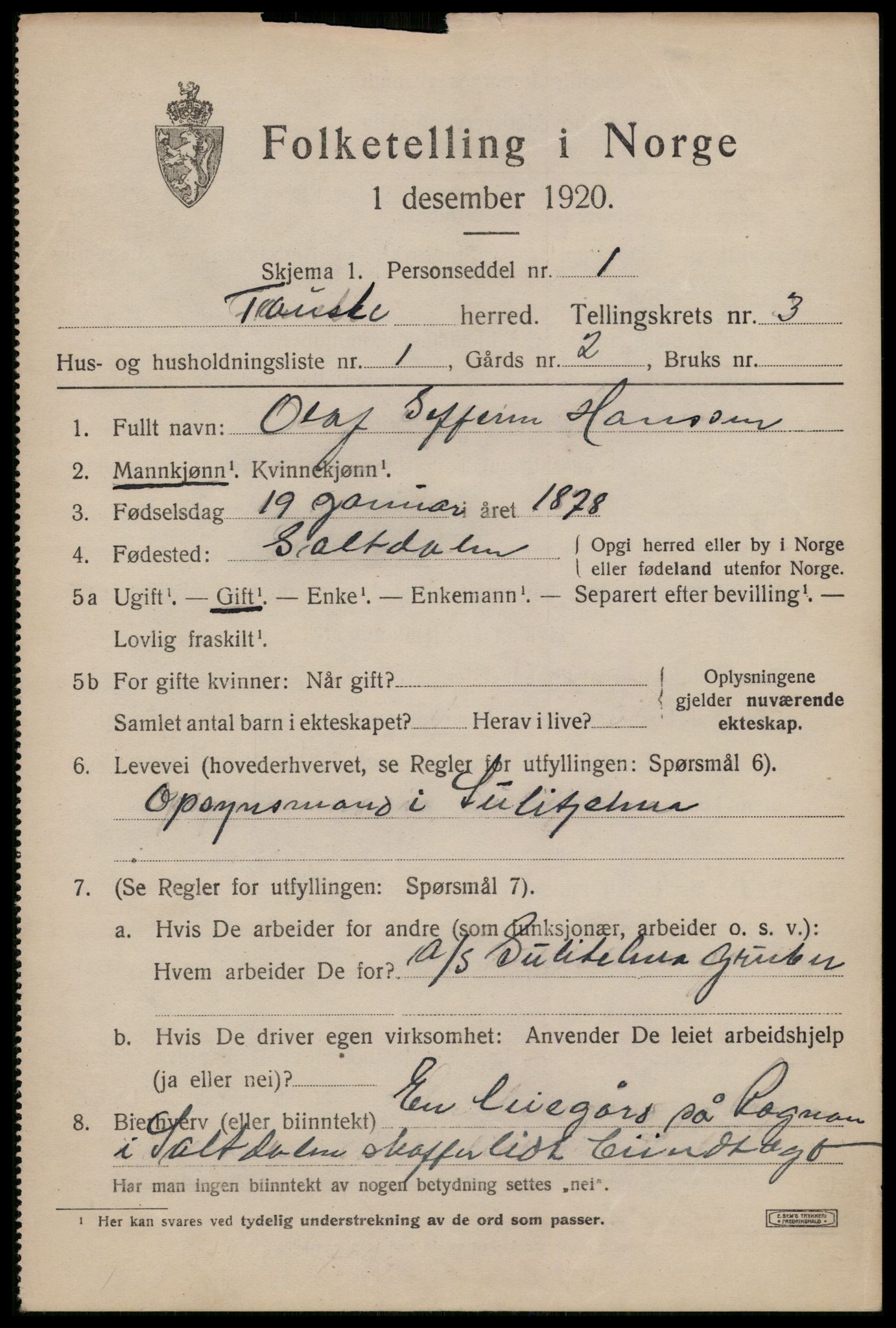 SAT, 1920 census for Fauske, 1920, p. 3484