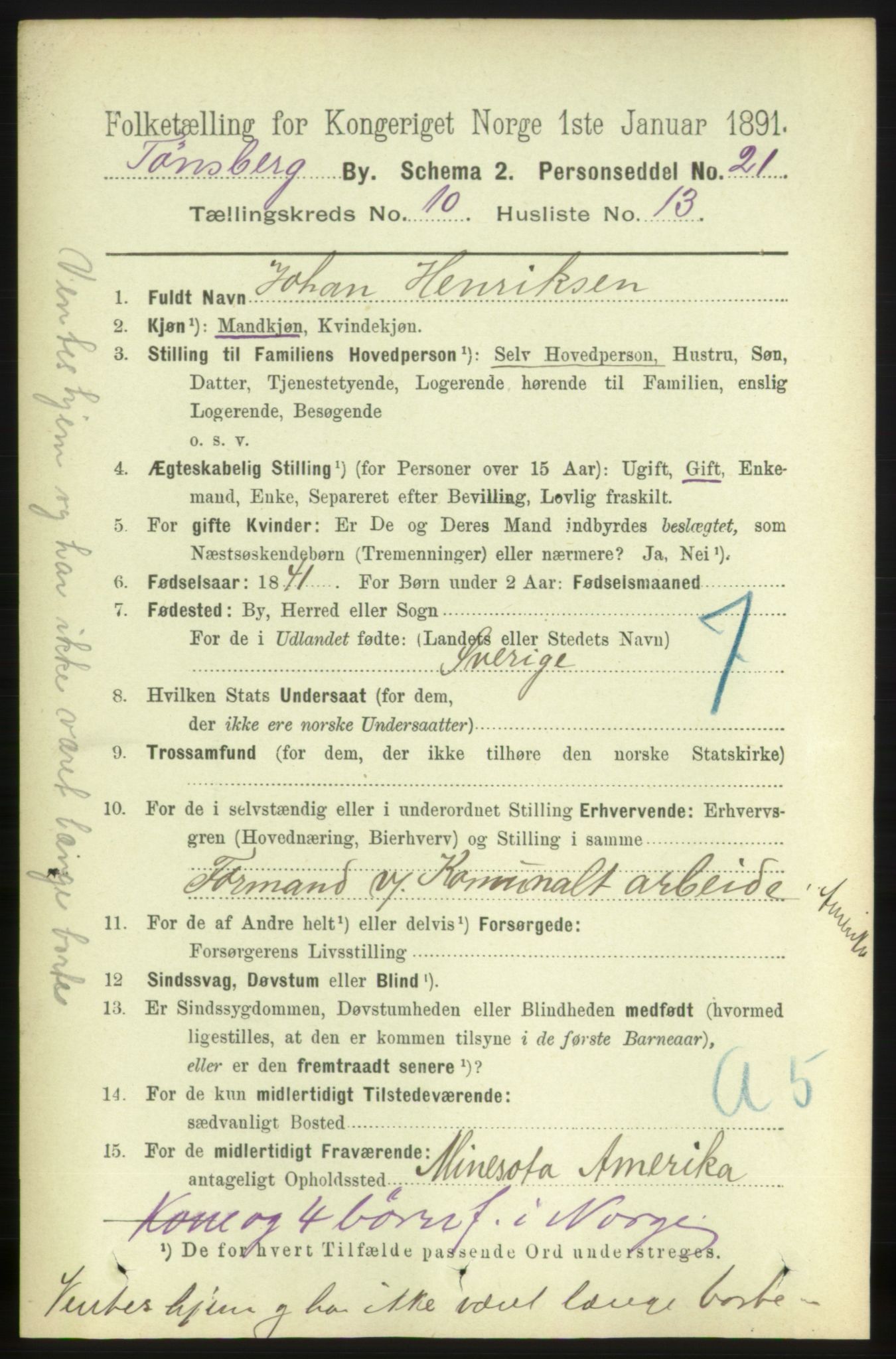 RA, 1891 census for 0705 Tønsberg, 1891, p. 3781