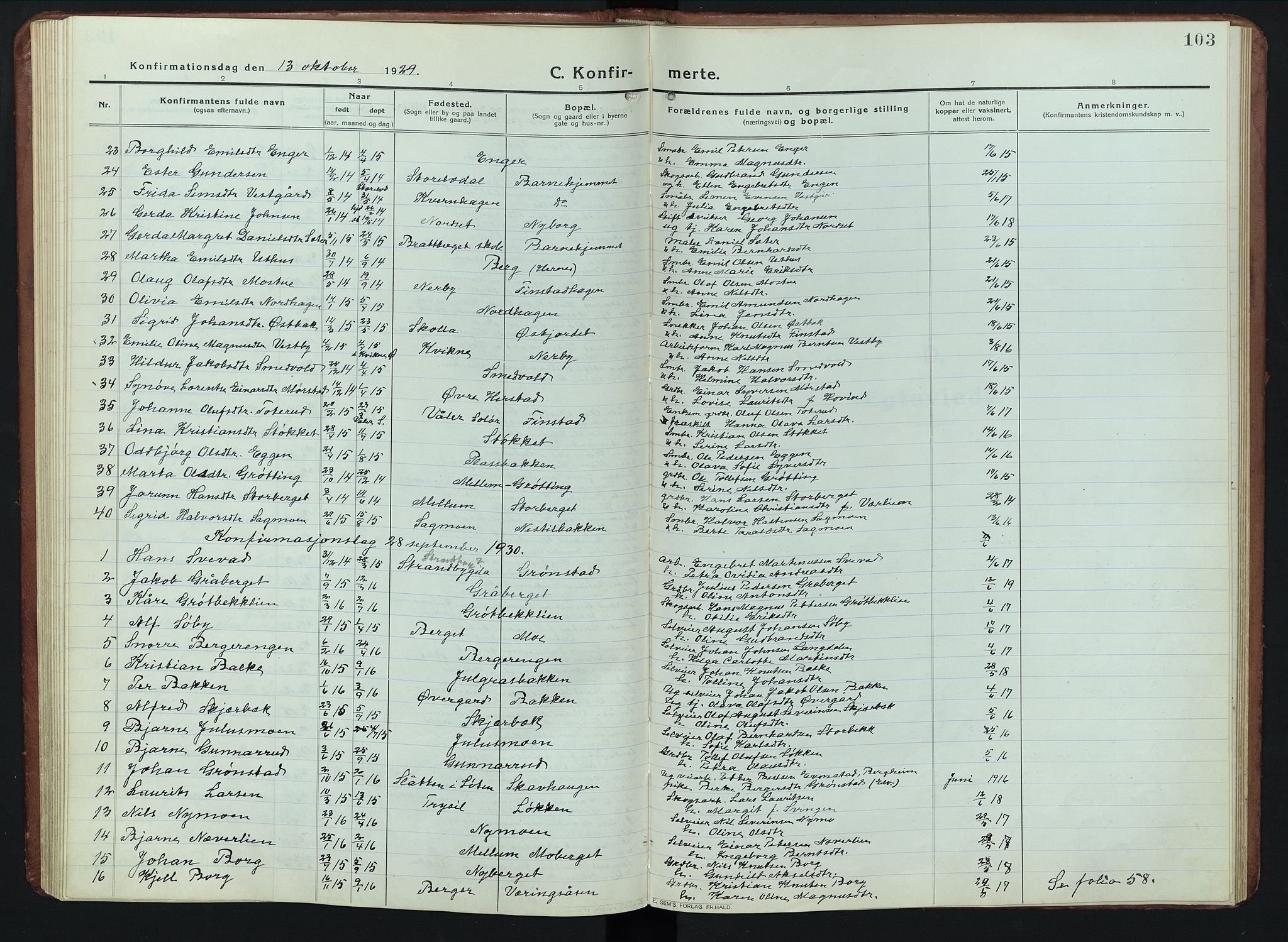 Elverum prestekontor, AV/SAH-PREST-044/H/Ha/Hab/L0011: Parish register (copy) no. 11, 1915-1947, p. 103