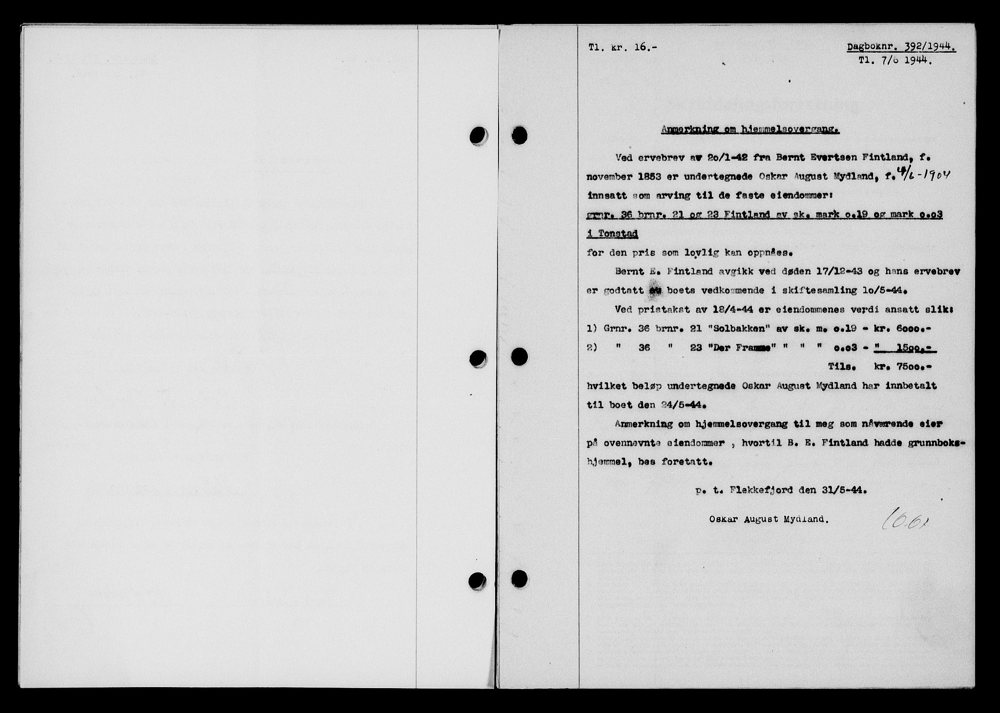 Flekkefjord sorenskriveri, SAK/1221-0001/G/Gb/Gba/L0059: Mortgage book no. A-7, 1944-1945, Diary no: : 392/1944