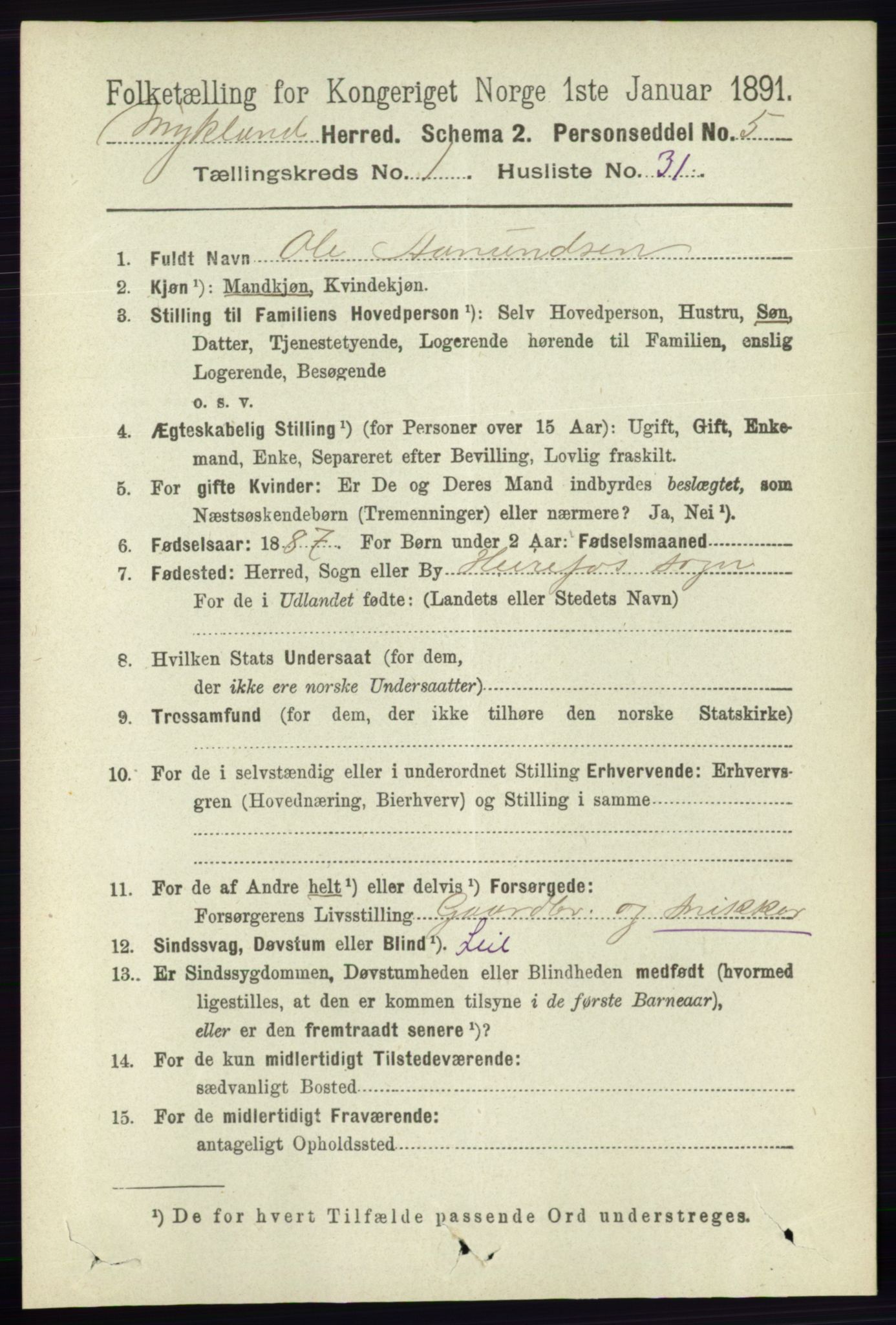 RA, 1891 census for 0932 Mykland, 1891, p. 272