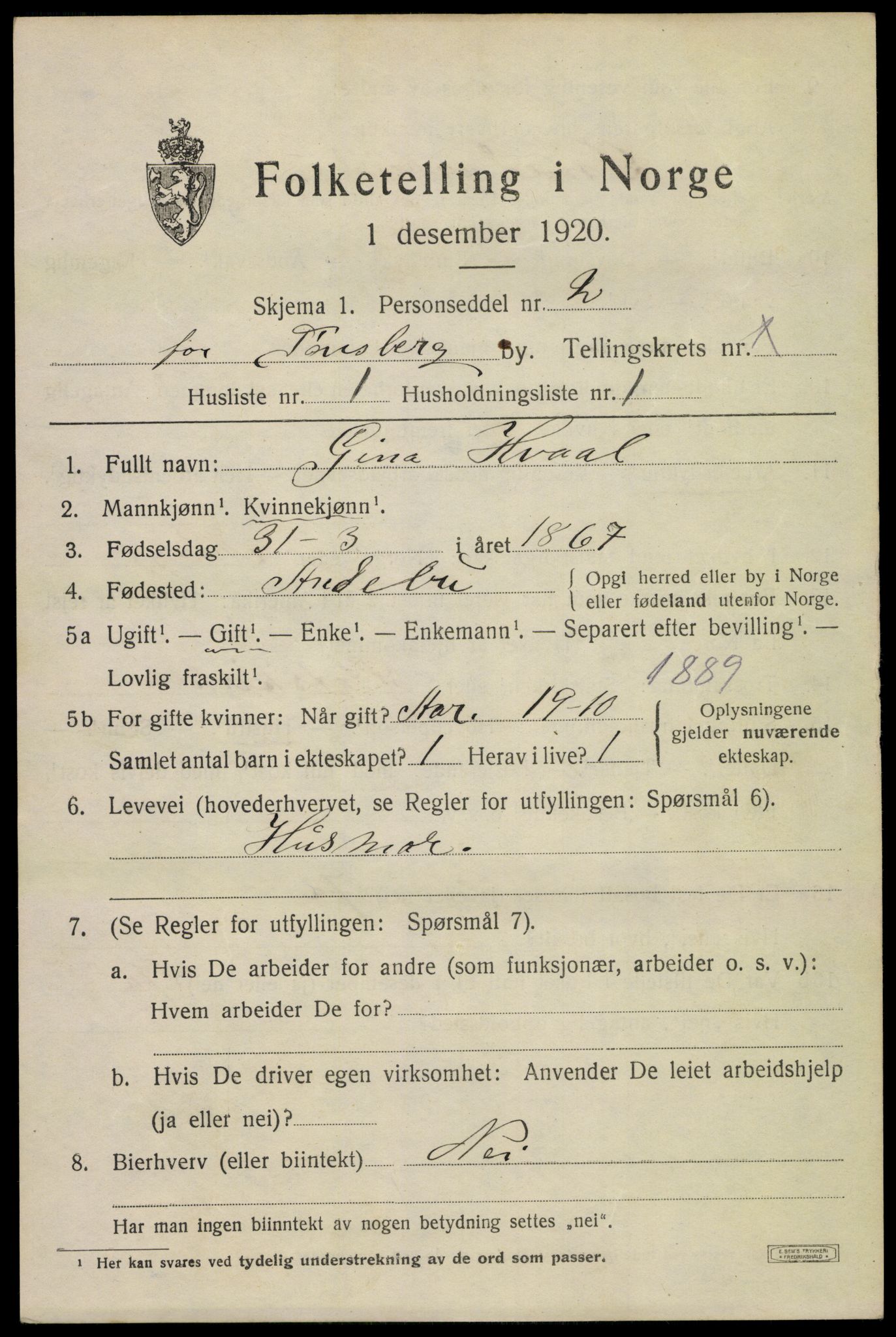 SAKO, 1920 census for Tønsberg, 1920, p. 18215