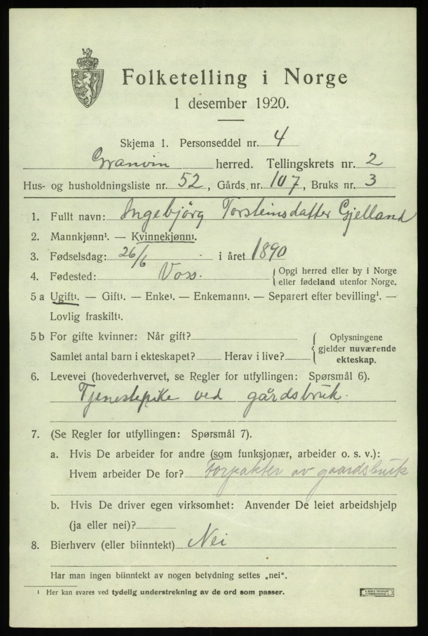 SAB, 1920 census for Granvin, 1920, p. 1166