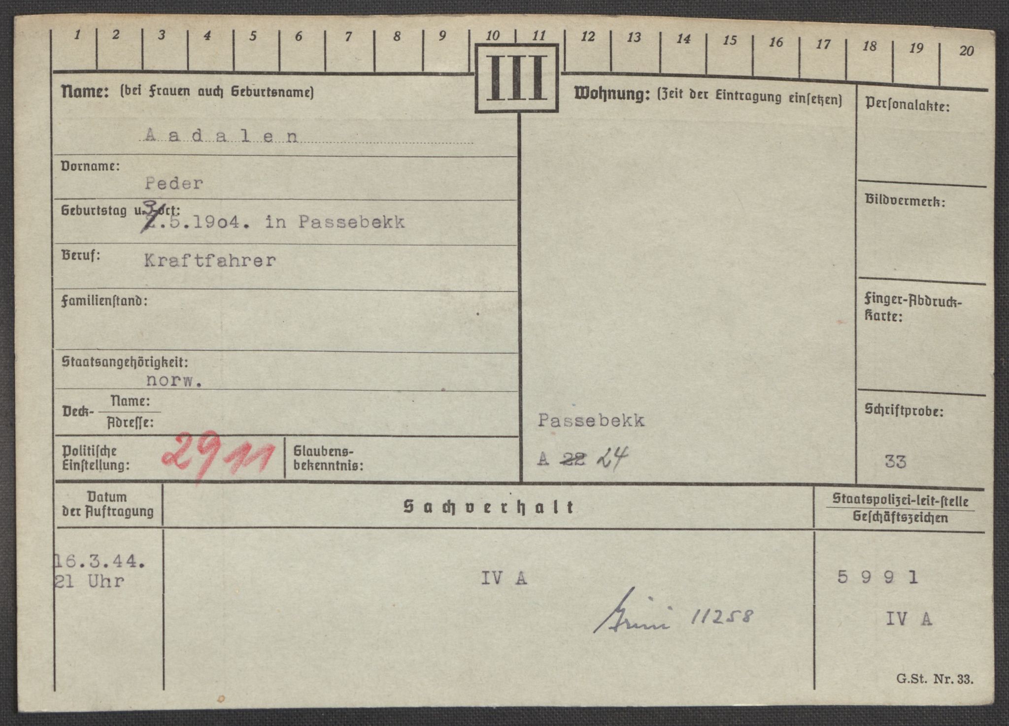 Befehlshaber der Sicherheitspolizei und des SD, RA/RAFA-5969/E/Ea/Eaa/L0010: Register over norske fanger i Møllergata 19: Sø-Å, 1940-1945, p. 1378