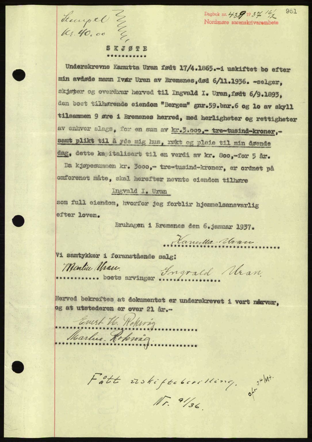 Nordmøre sorenskriveri, AV/SAT-A-4132/1/2/2Ca: Mortgage book no. A80, 1936-1937, Diary no: : 439/1937