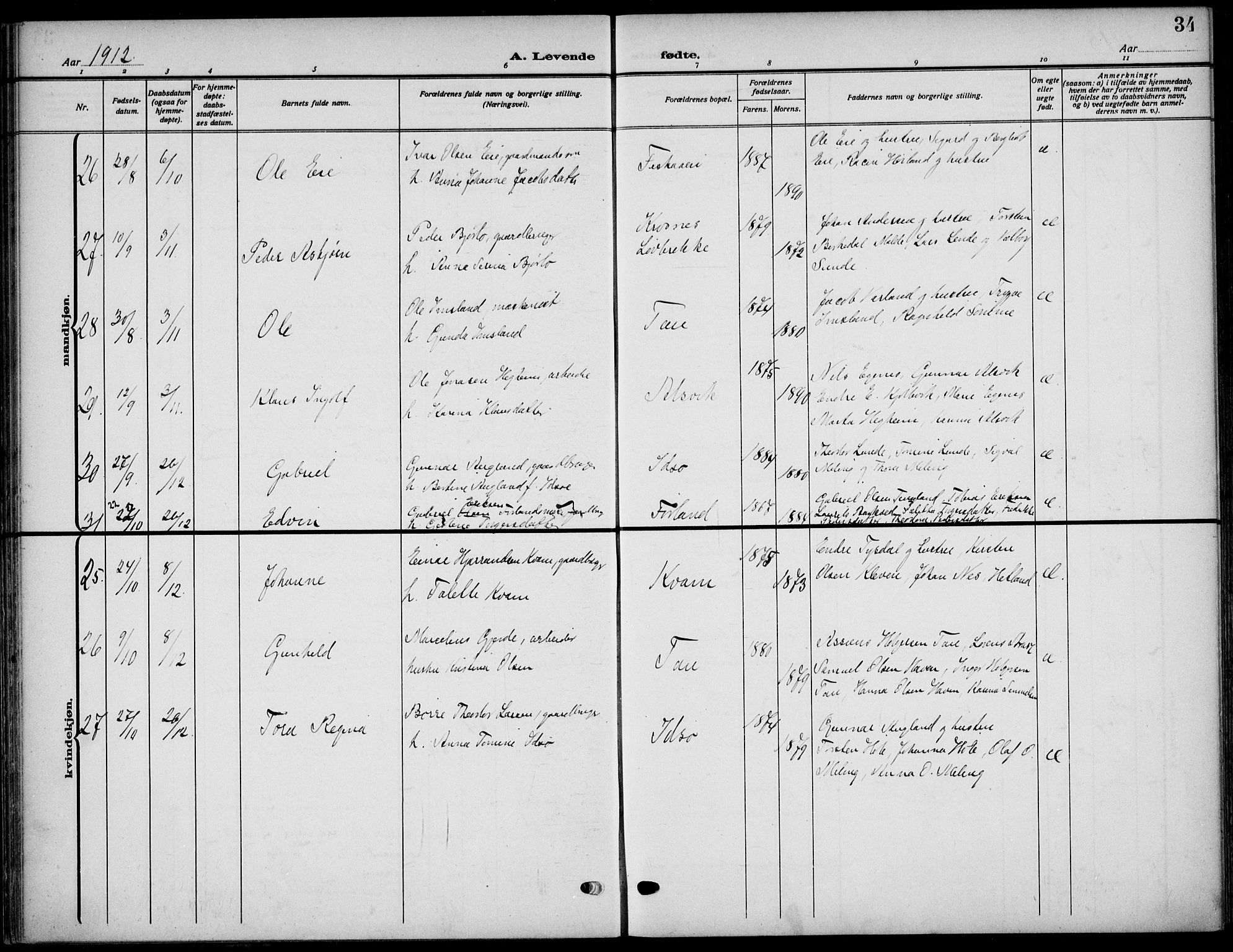 Strand sokneprestkontor, AV/SAST-A-101828/H/Ha/Haa/L0011: Parish register (official) no. A 11, 1908-1930, p. 34