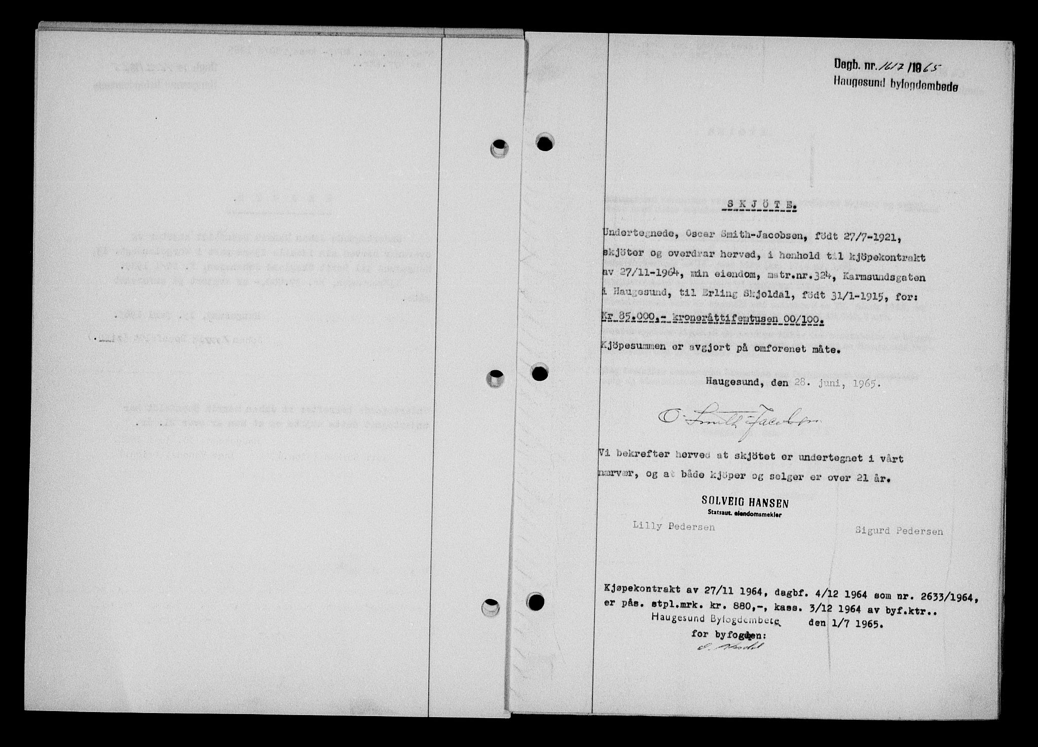 Haugesund tingrett, AV/SAST-A-101415/01/II/IIC/L0076: Mortgage book no. A 17, 1965-1966, Diary no: : 1617/1965