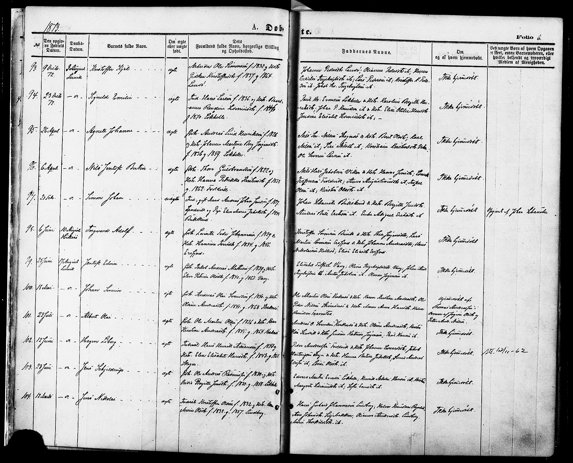Lenvik sokneprestembete, SATØ/S-1310/H/Ha/Haa/L0010kirke: Parish register (official) no. 10, 1873-1880, p. 6