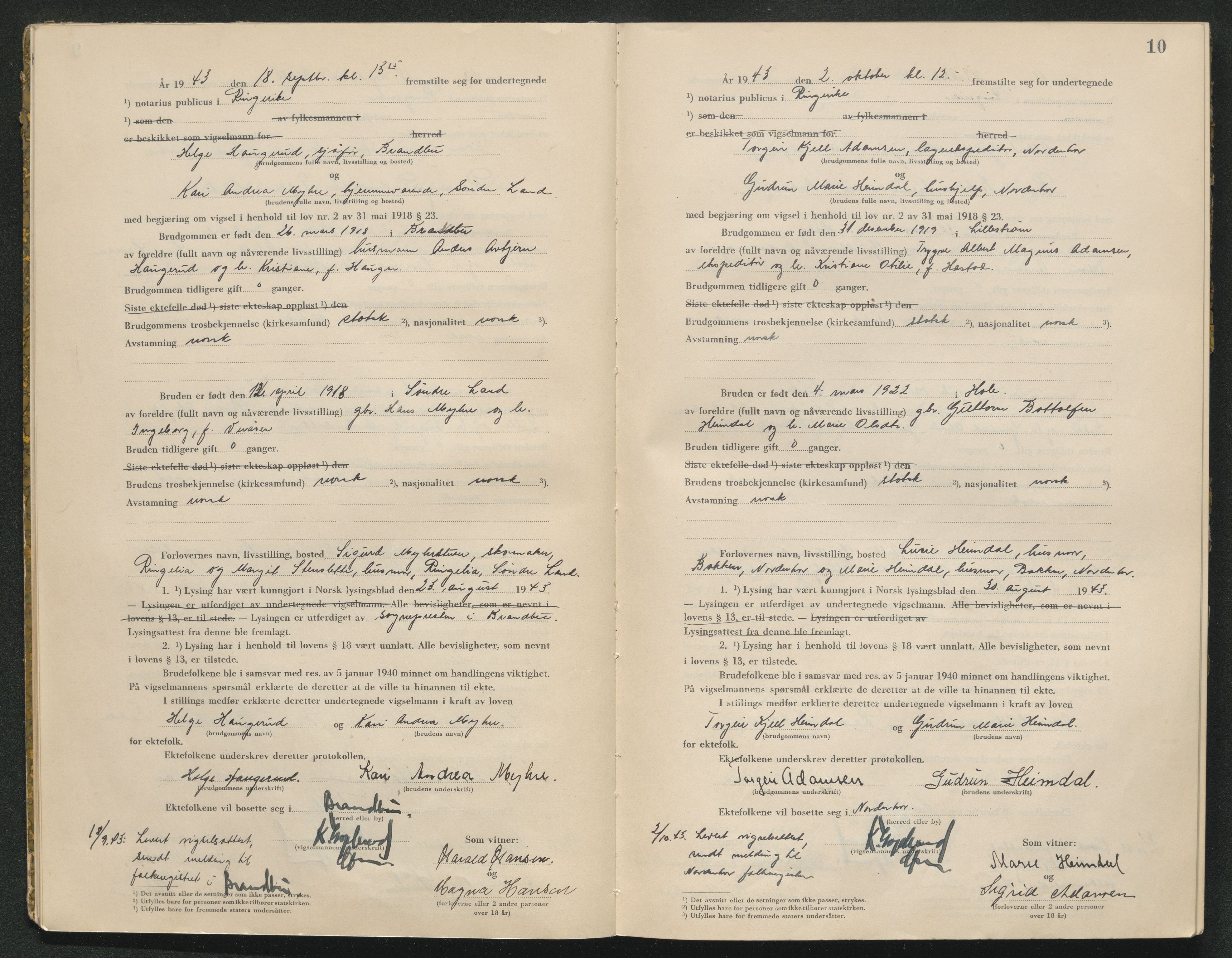 Ringerike sorenskriveri, AV/SAKO-A-105/L/Lc/L0003: Vigselsbok, 1943-1944, p. 10
