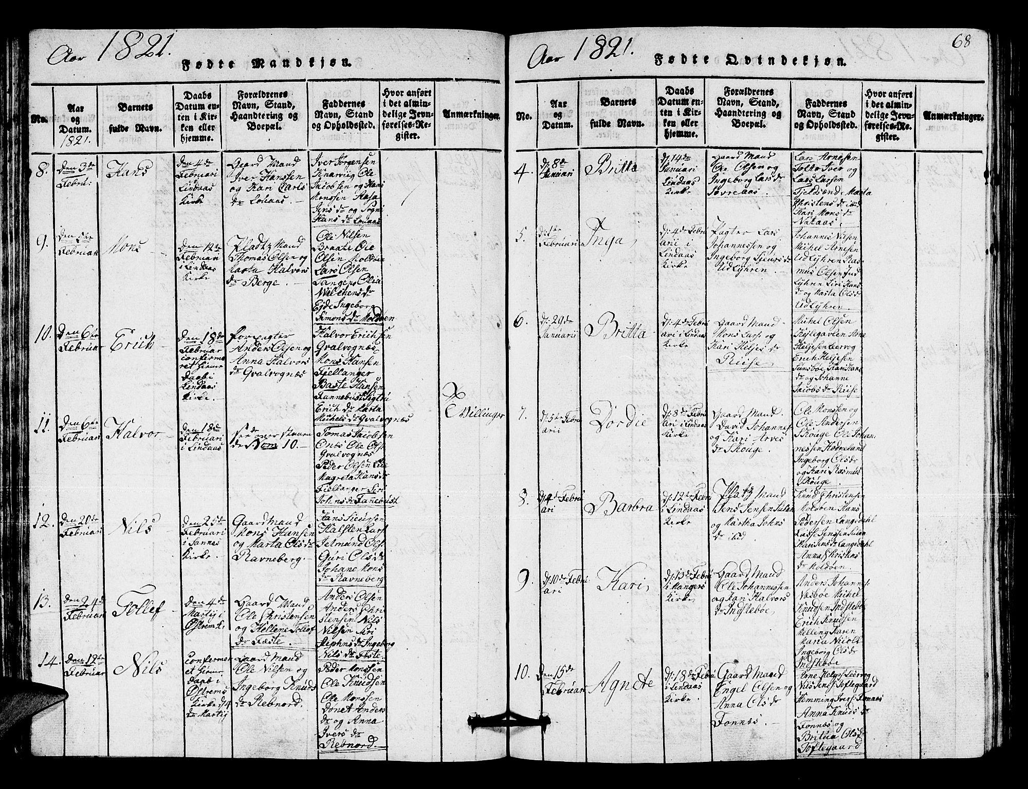 Lindås Sokneprestembete, AV/SAB-A-76701/H/Hab/Haba/L0001: Parish register (copy) no. A 1, 1816-1823, p. 68