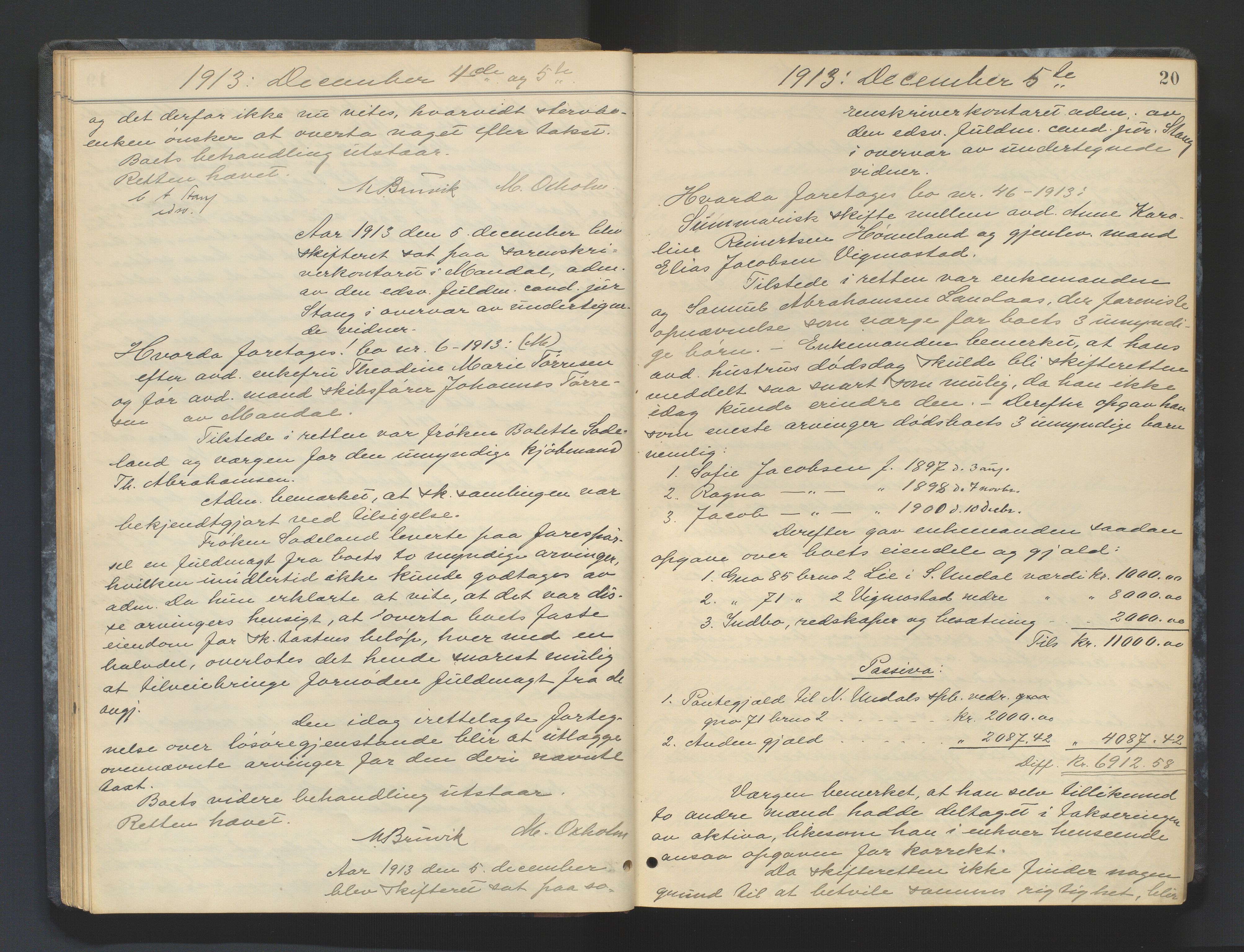 Mandal sorenskriveri, AV/SAK-1221-0005/001/H/Hc/L0082: Skifteforhandlingsprotokoll nr 14, 1913-1917, p. 20