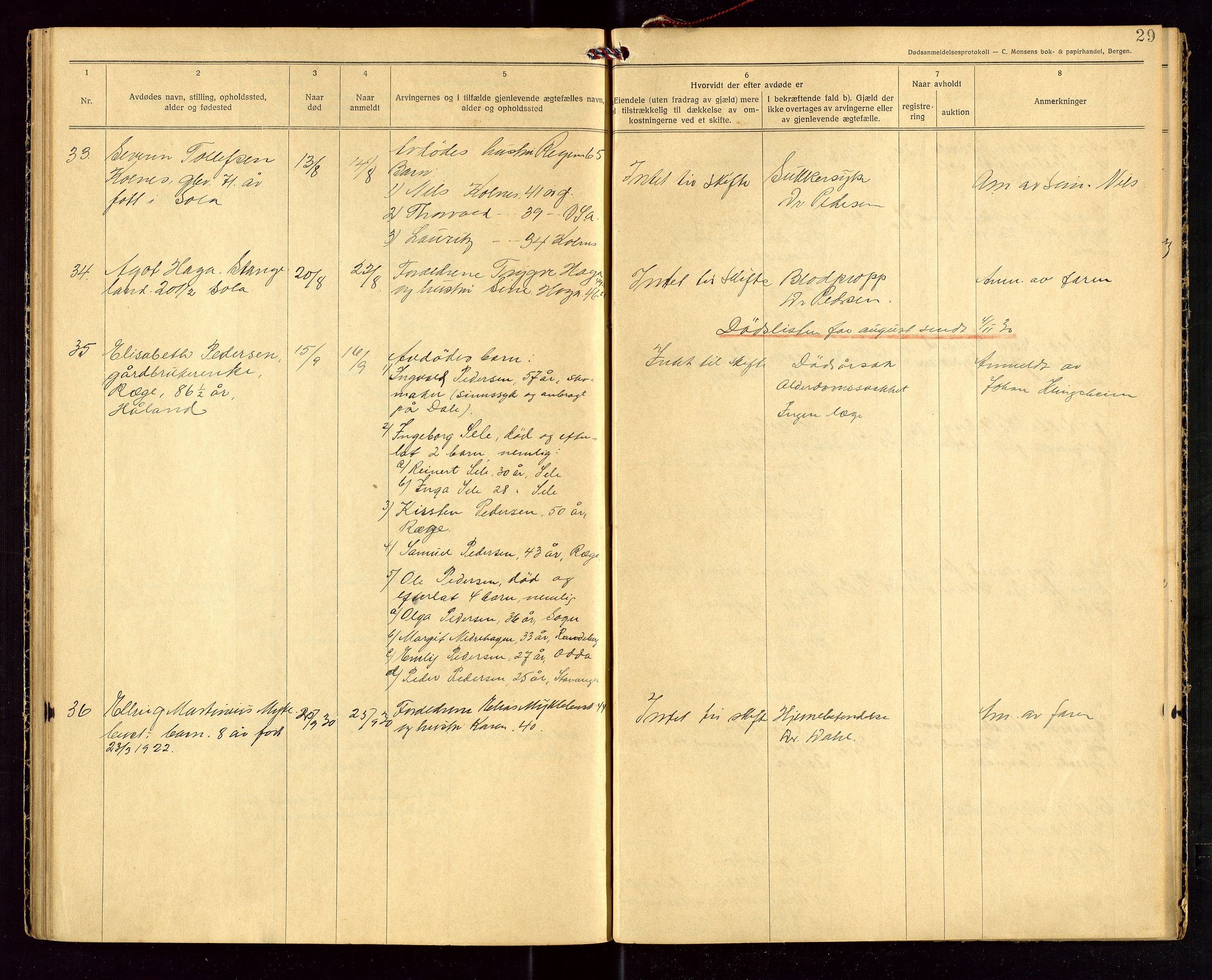 Håland lensmannskontor, AV/SAST-A-100100/Gga/L0003: "Dødsanmeldelser 1926 - 1931 for Haaland", 1926-1931, p. 29