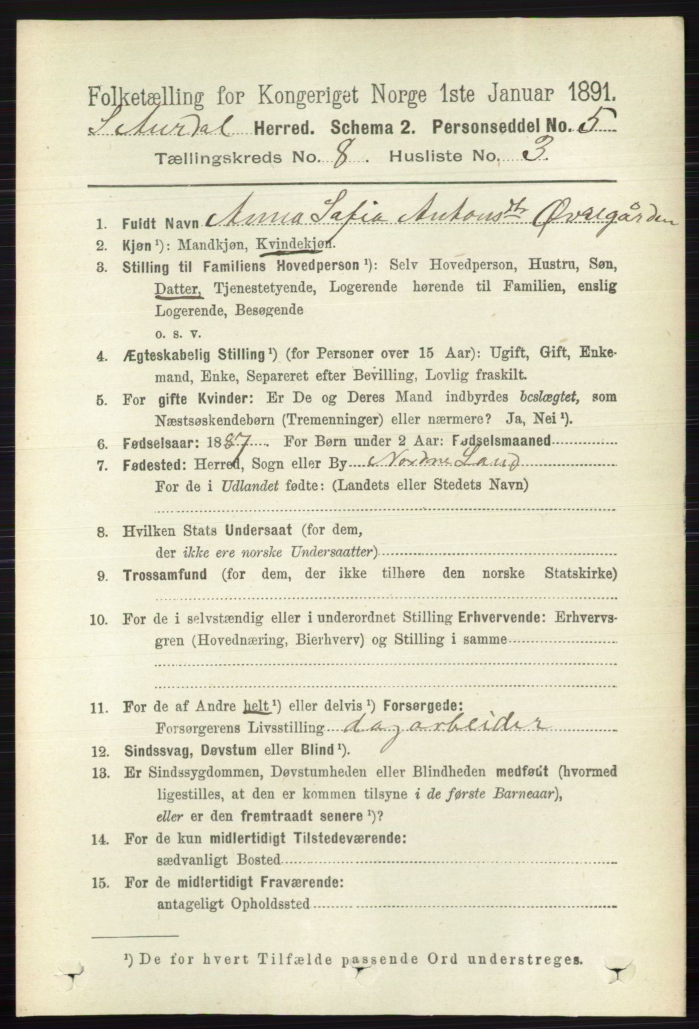 RA, 1891 census for 0540 Sør-Aurdal, 1891, p. 4877