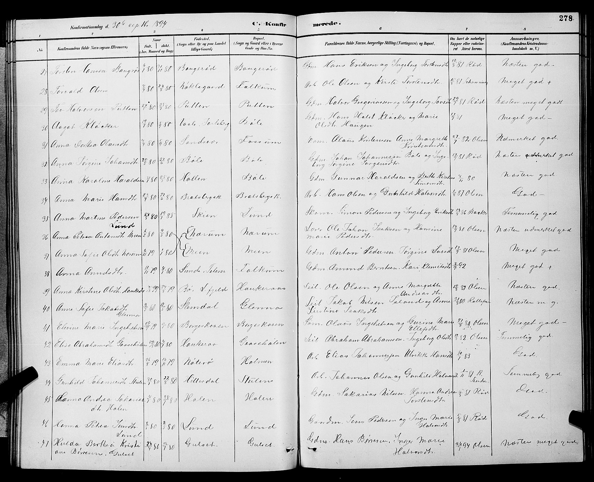 Gjerpen kirkebøker, AV/SAKO-A-265/G/Ga/L0002: Parish register (copy) no. I 2, 1883-1900, p. 278