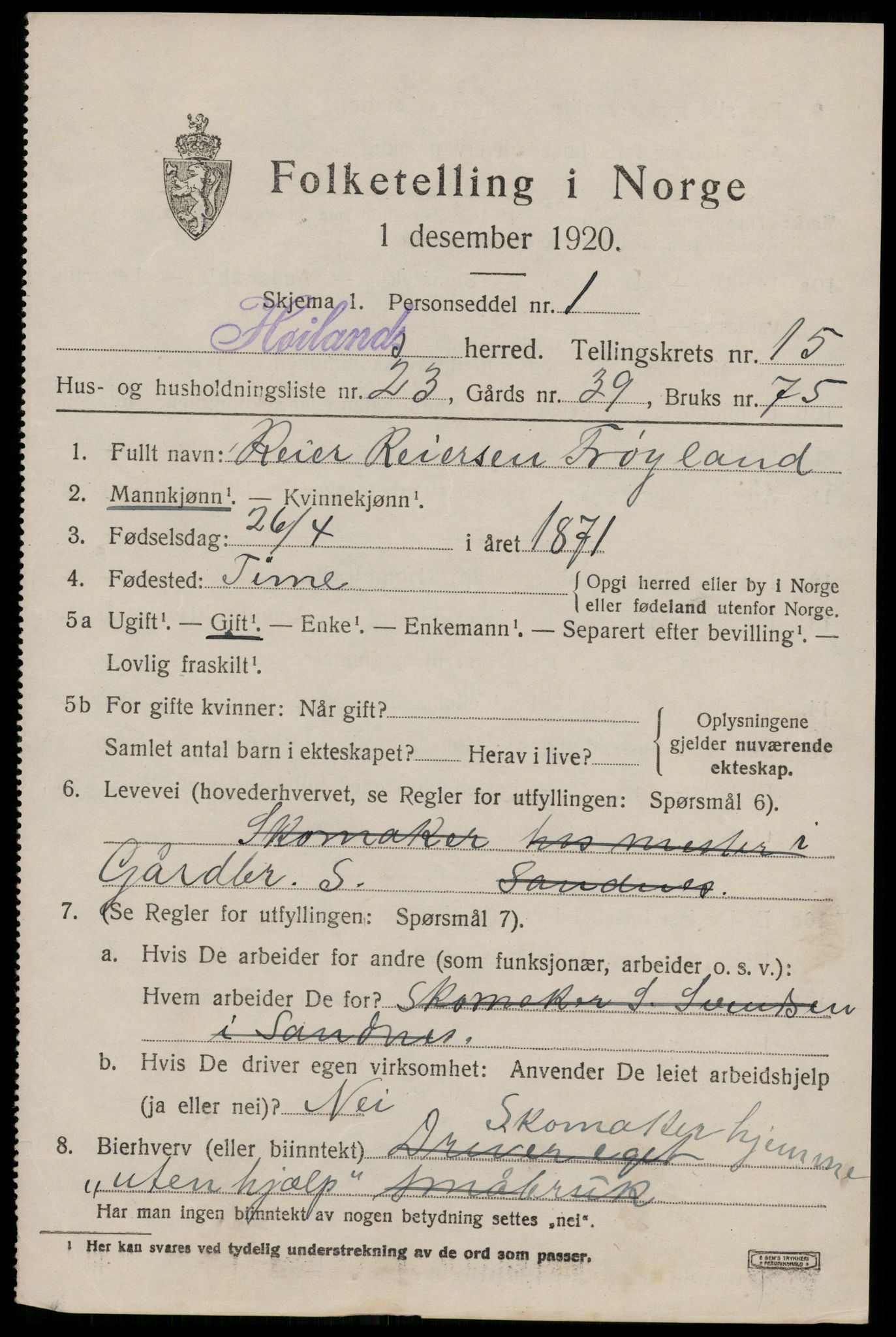 SAST, 1920 census for Høyland, 1920, p. 13934