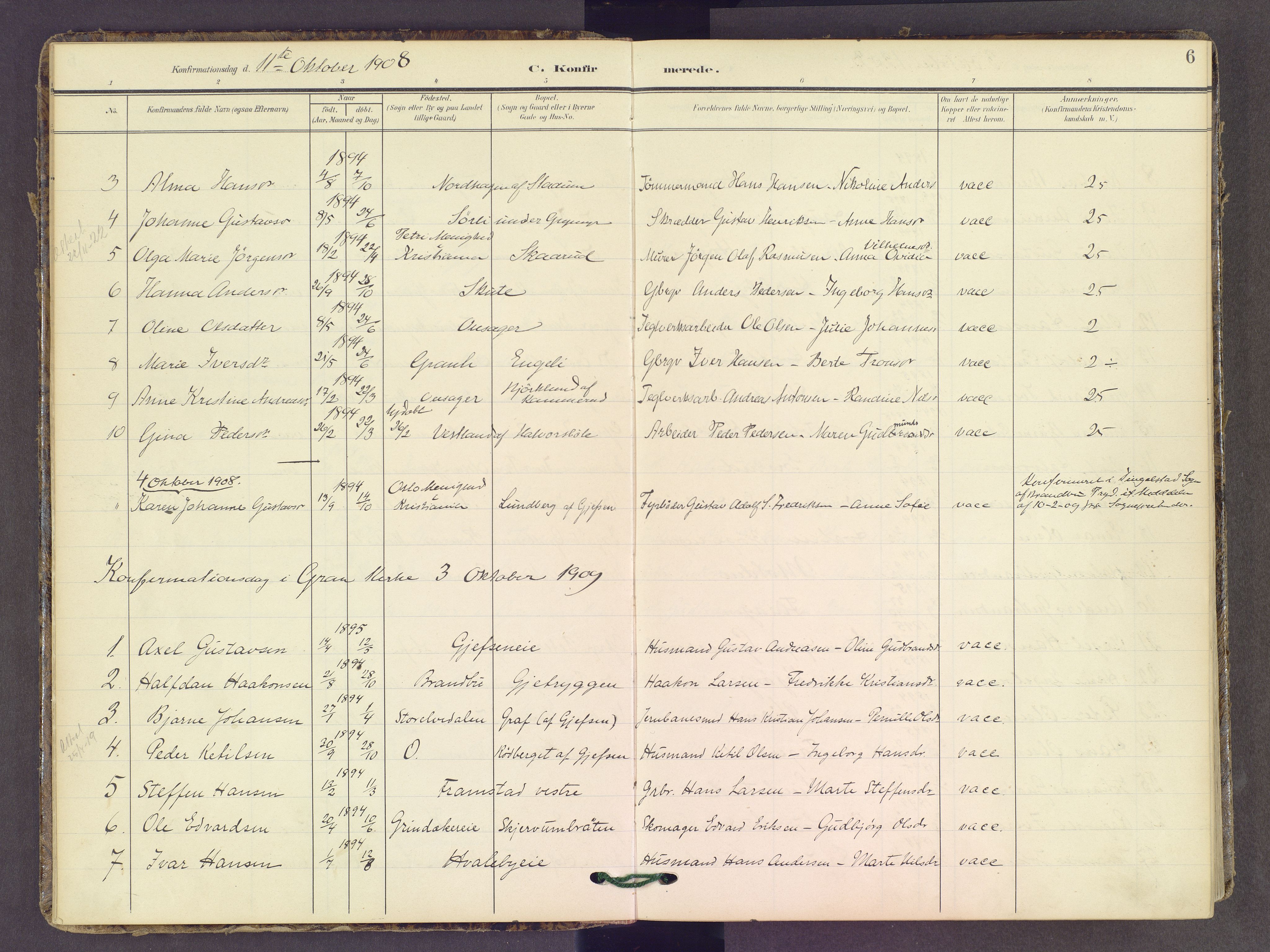 Gran prestekontor, SAH/PREST-112/H/Ha/Haa/L0022: Parish register (official) no. 22, 1908-1918, p. 6