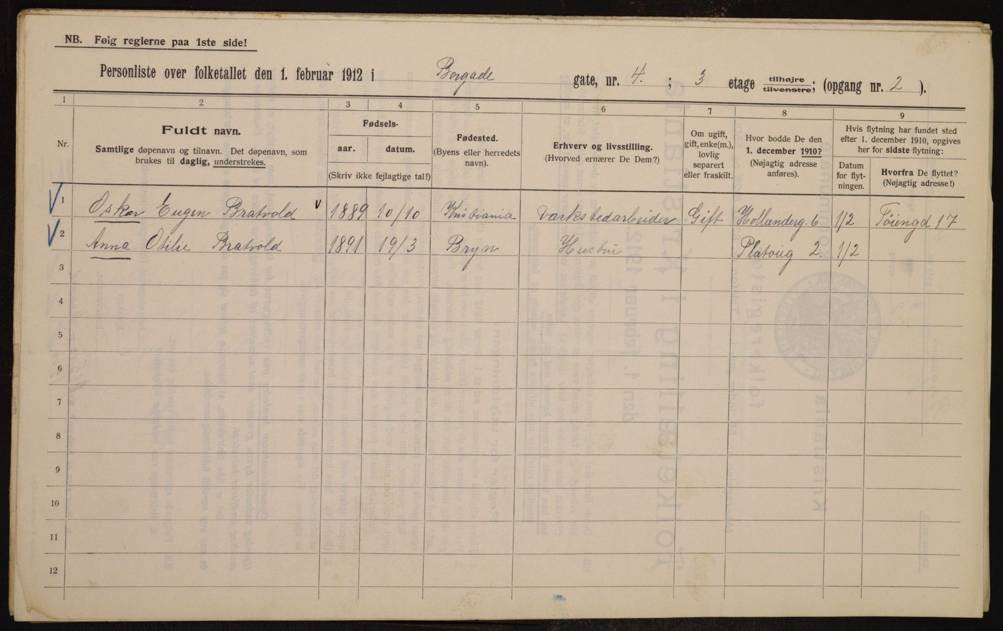 OBA, Municipal Census 1912 for Kristiania, 1912, p. 7580