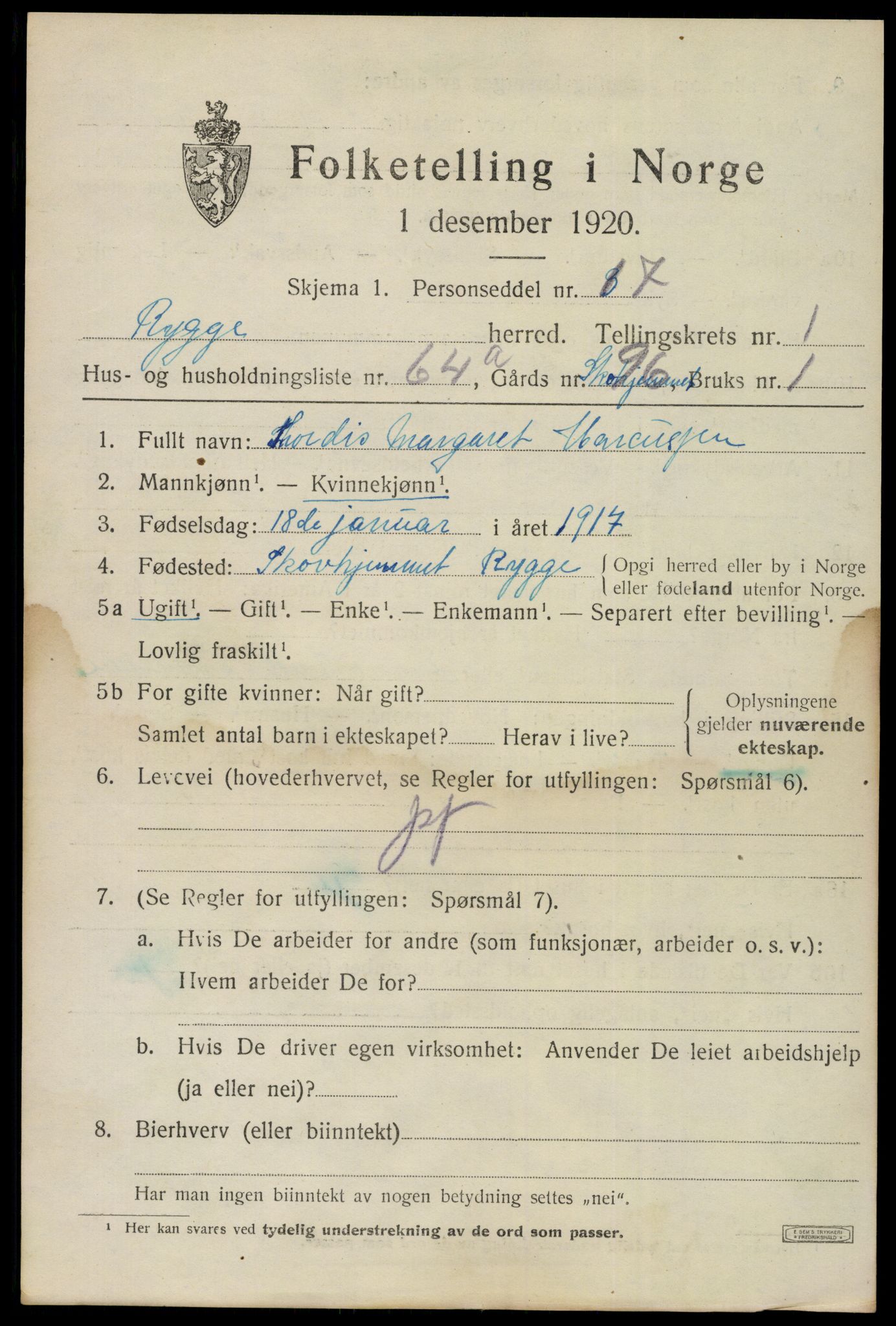 SAO, 1920 census for Rygge, 1920, p. 2813
