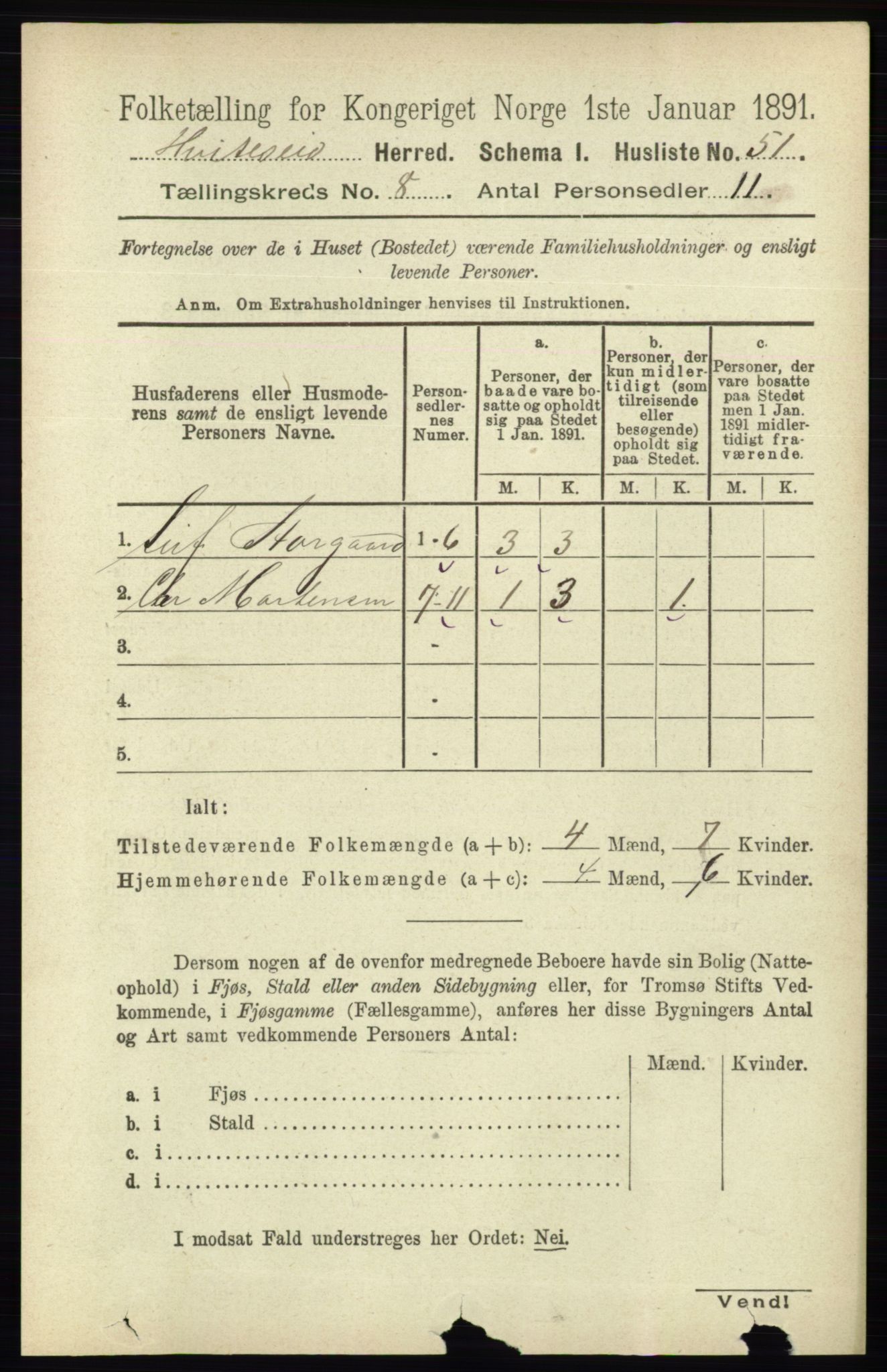 RA, 1891 census for 0829 Kviteseid, 1891, p. 1600