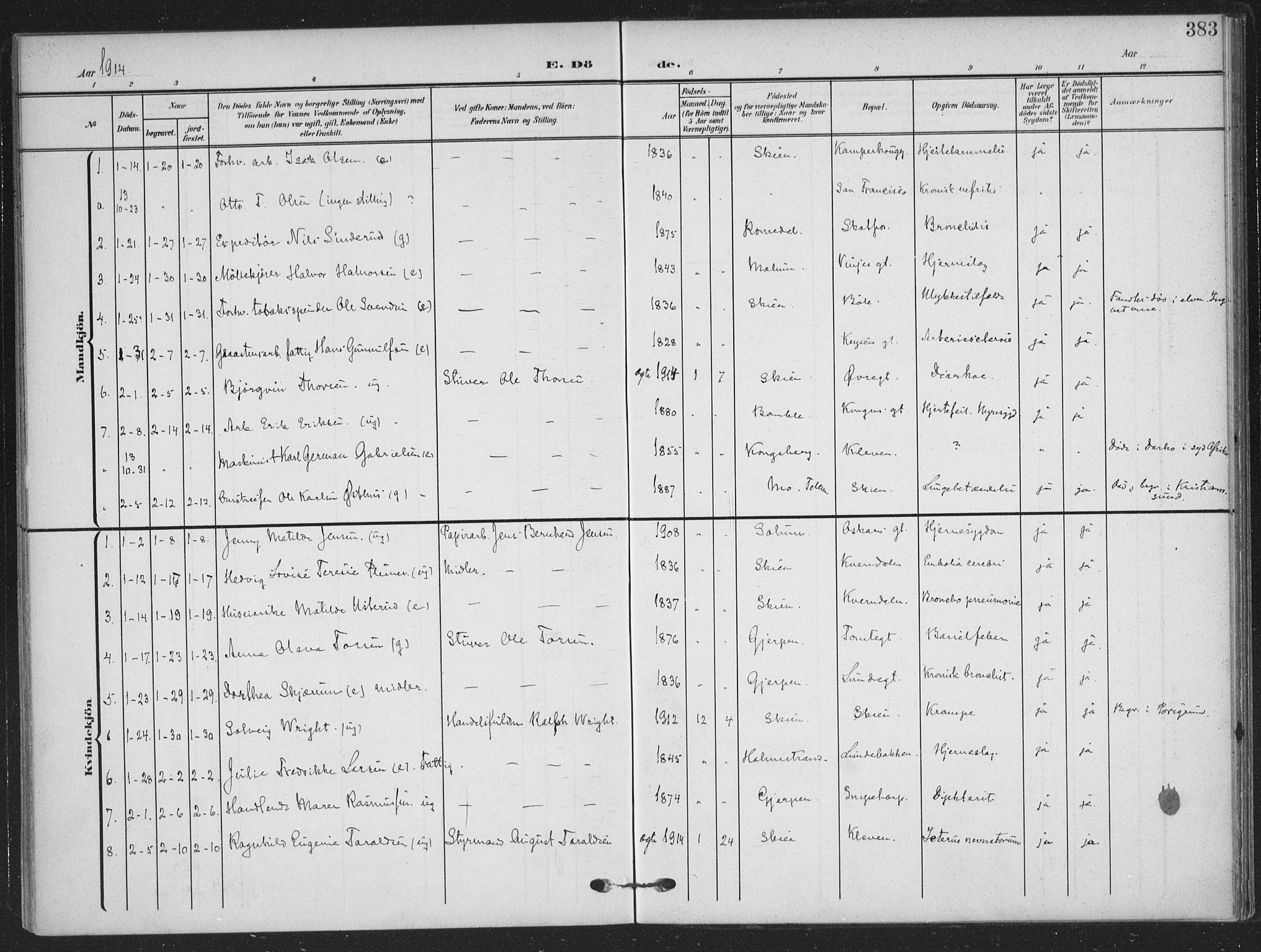 Skien kirkebøker, SAKO/A-302/F/Fa/L0012: Parish register (official) no. 12, 1908-1914, p. 383