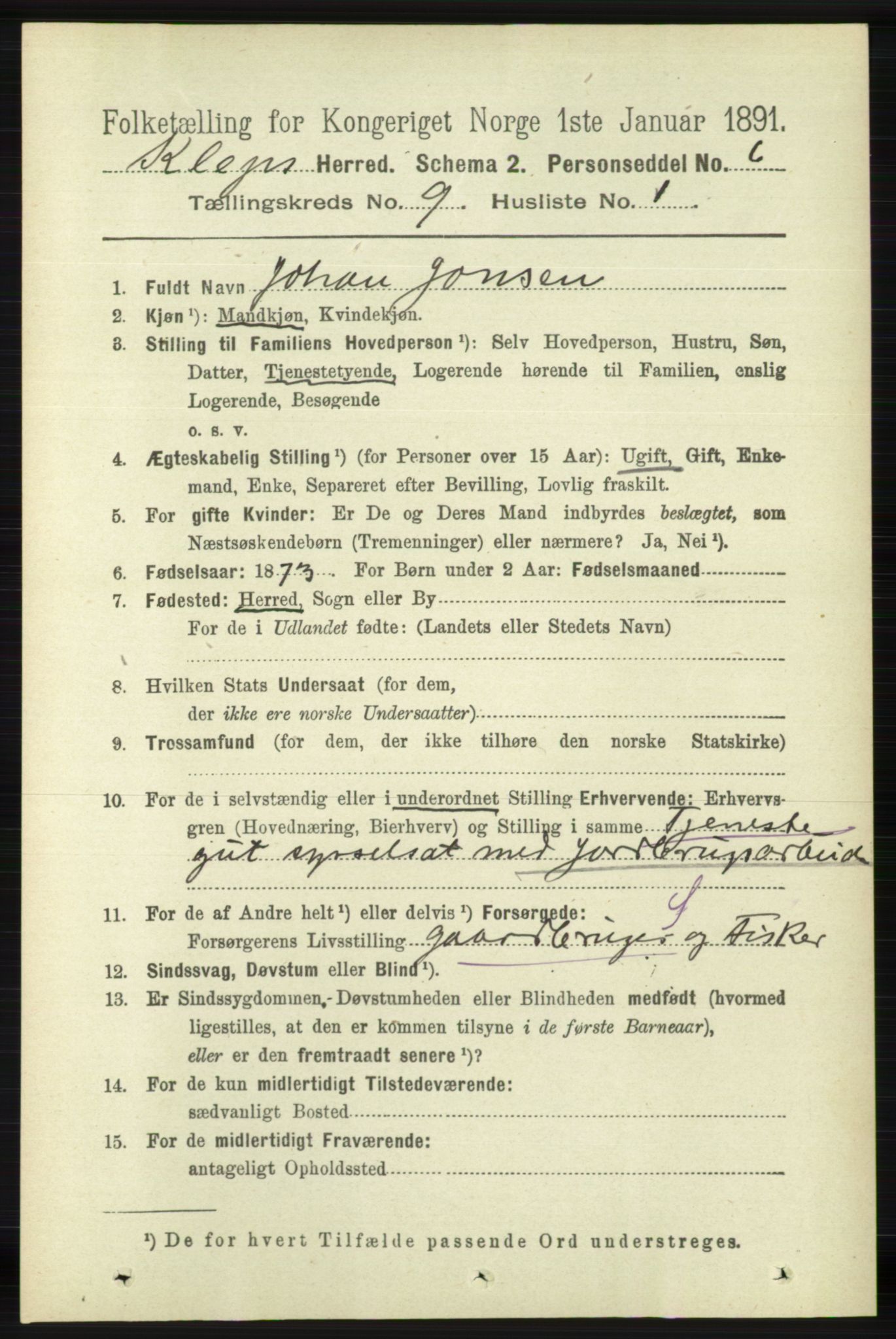 RA, 1891 census for 1120 Klepp, 1891, p. 2730