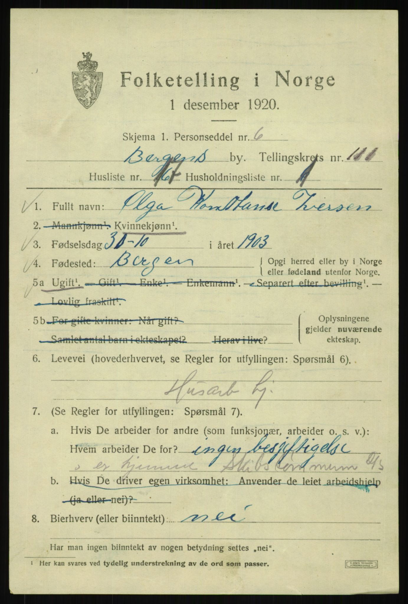 SAB, 1920 census for Bergen, 1920, p. 191495