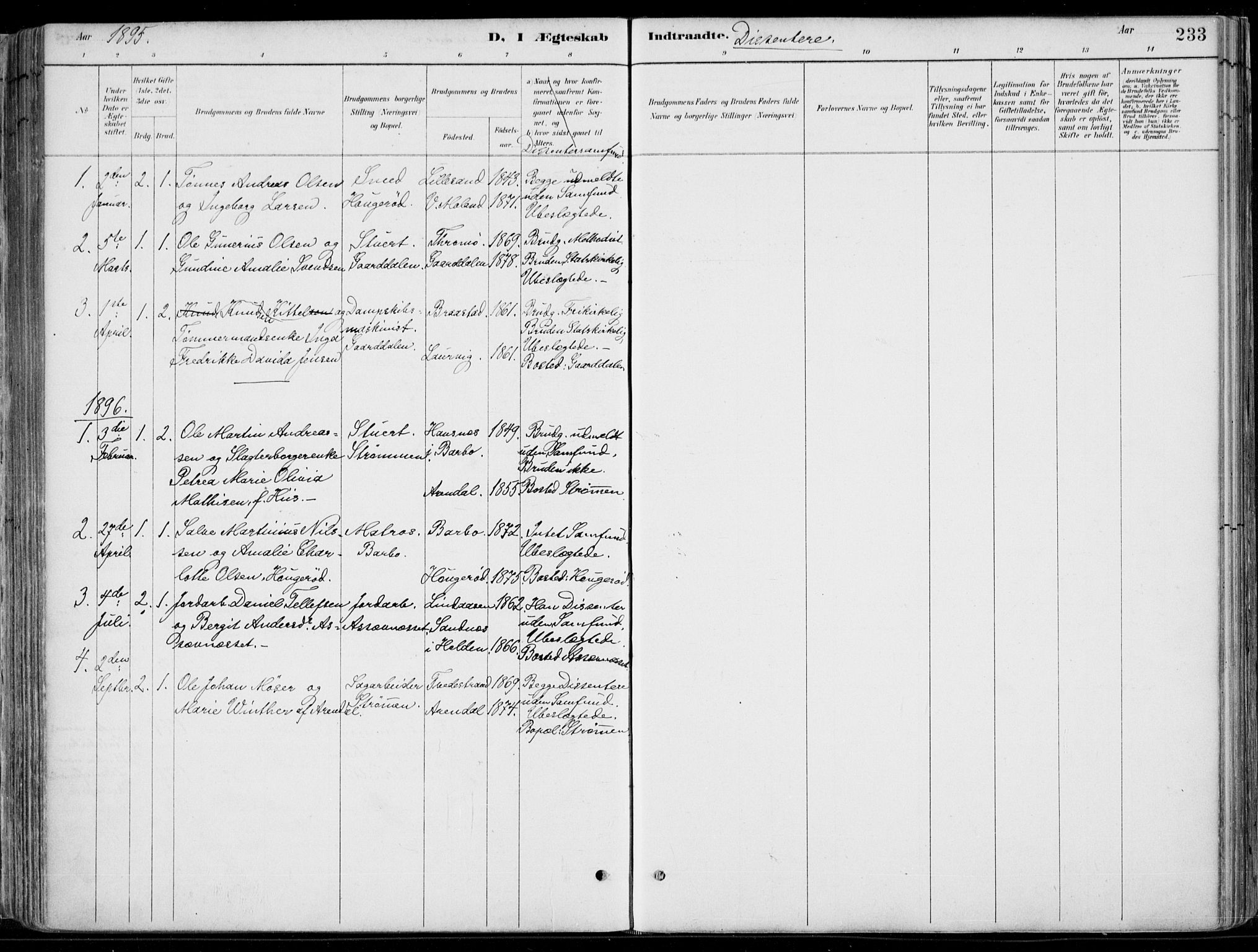 Øyestad sokneprestkontor, SAK/1111-0049/F/Fa/L0017: Parish register (official) no. A 17, 1887-1896, p. 233