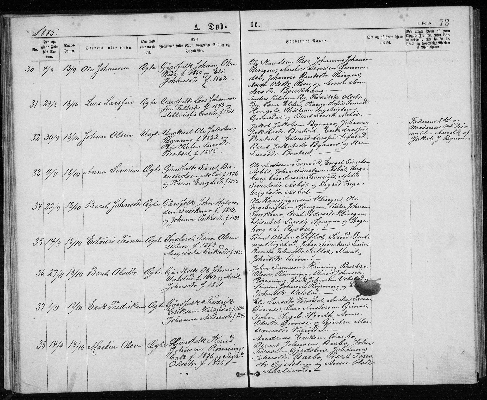 Ministerialprotokoller, klokkerbøker og fødselsregistre - Sør-Trøndelag, AV/SAT-A-1456/671/L0843: Parish register (copy) no. 671C02, 1873-1892, p. 73