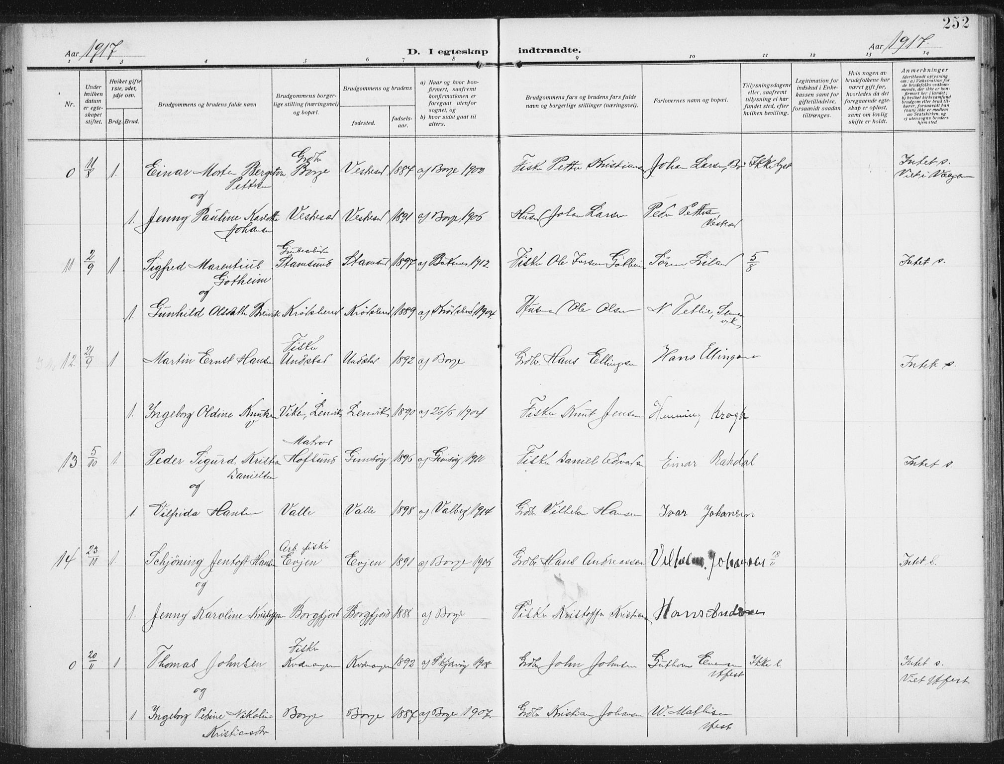 Ministerialprotokoller, klokkerbøker og fødselsregistre - Nordland, SAT/A-1459/880/L1135: Parish register (official) no. 880A09, 1908-1919, p. 252