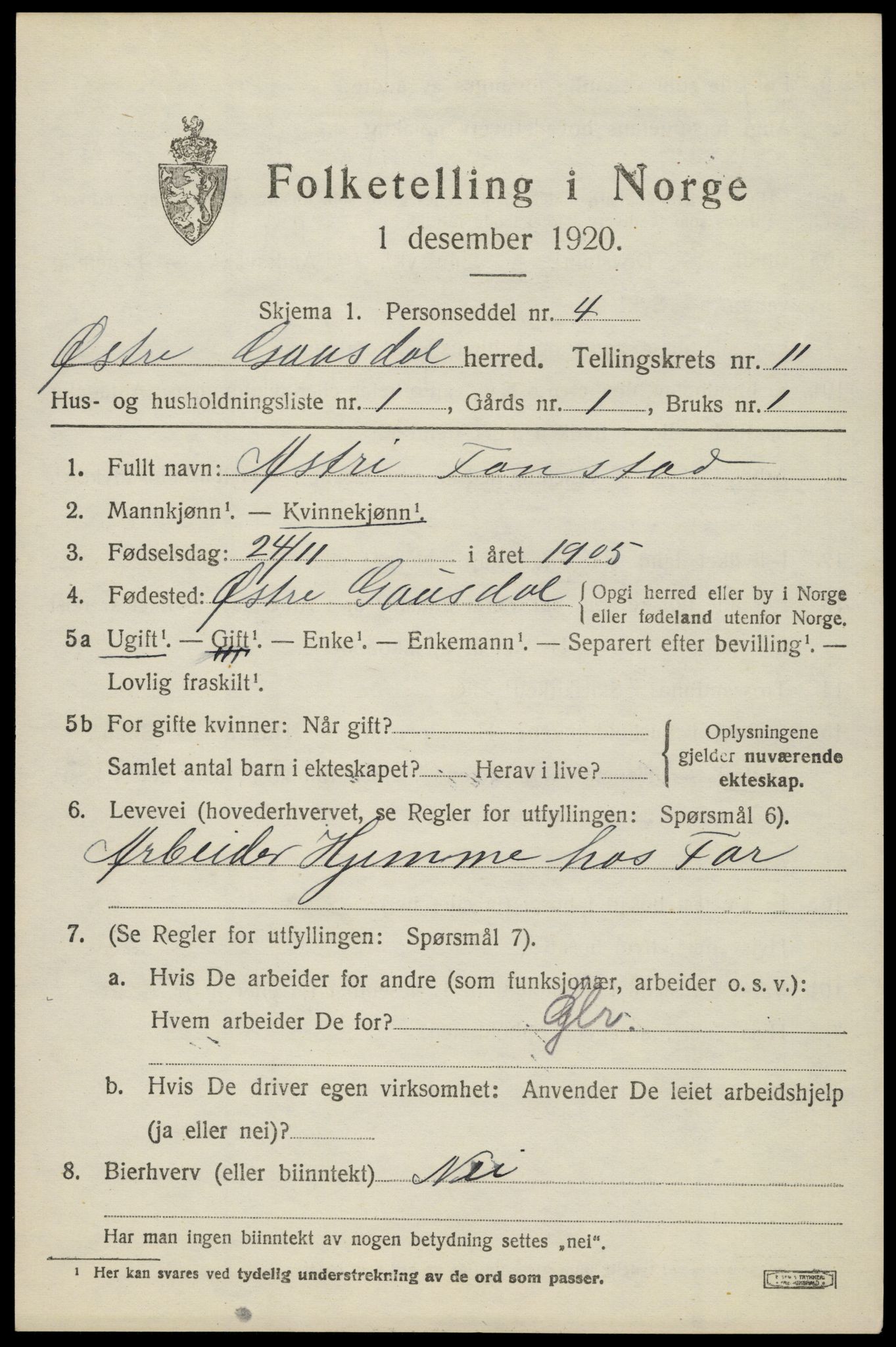 SAH, 1920 census for Østre Gausdal, 1920, p. 5834