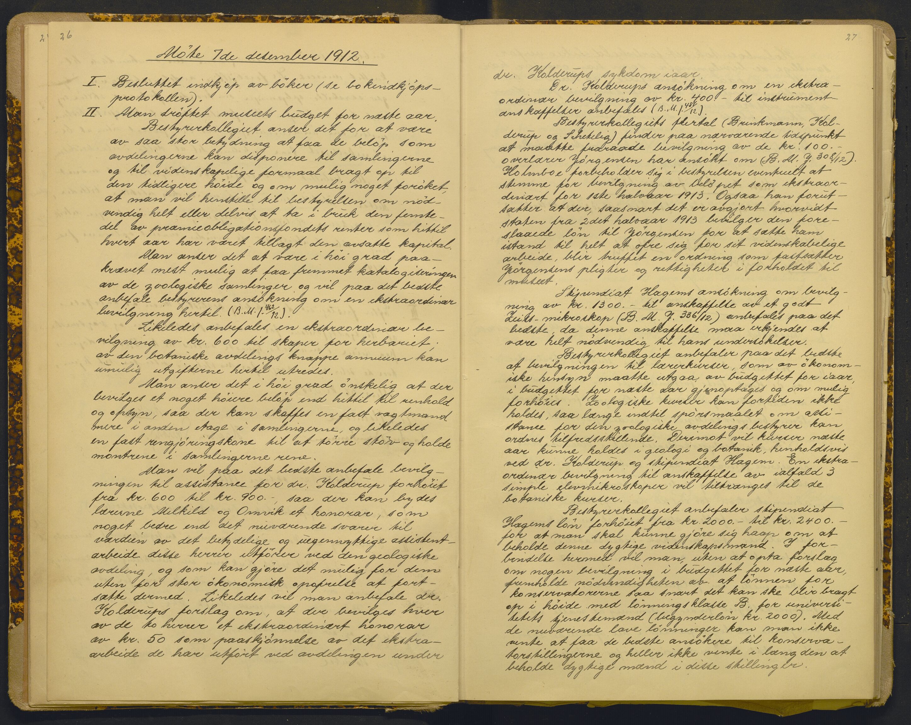 Bergens Museum, AV/SAB-A-17301/18/A/L0001: Bestyrerkollegiets forhandlingsprotokoll med register , 1907-1927, p. 26-27