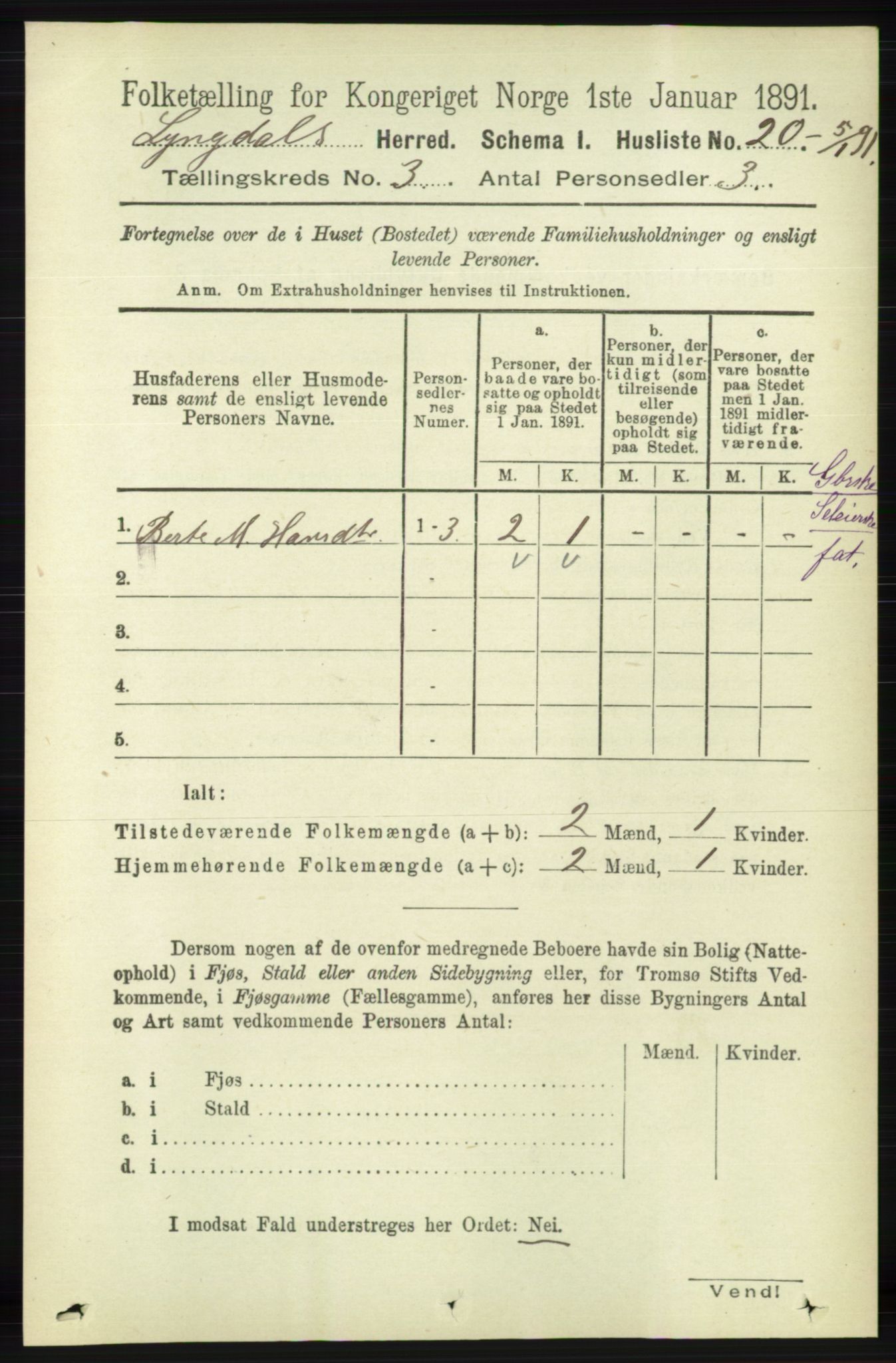 RA, 1891 census for 1032 Lyngdal, 1891, p. 1049
