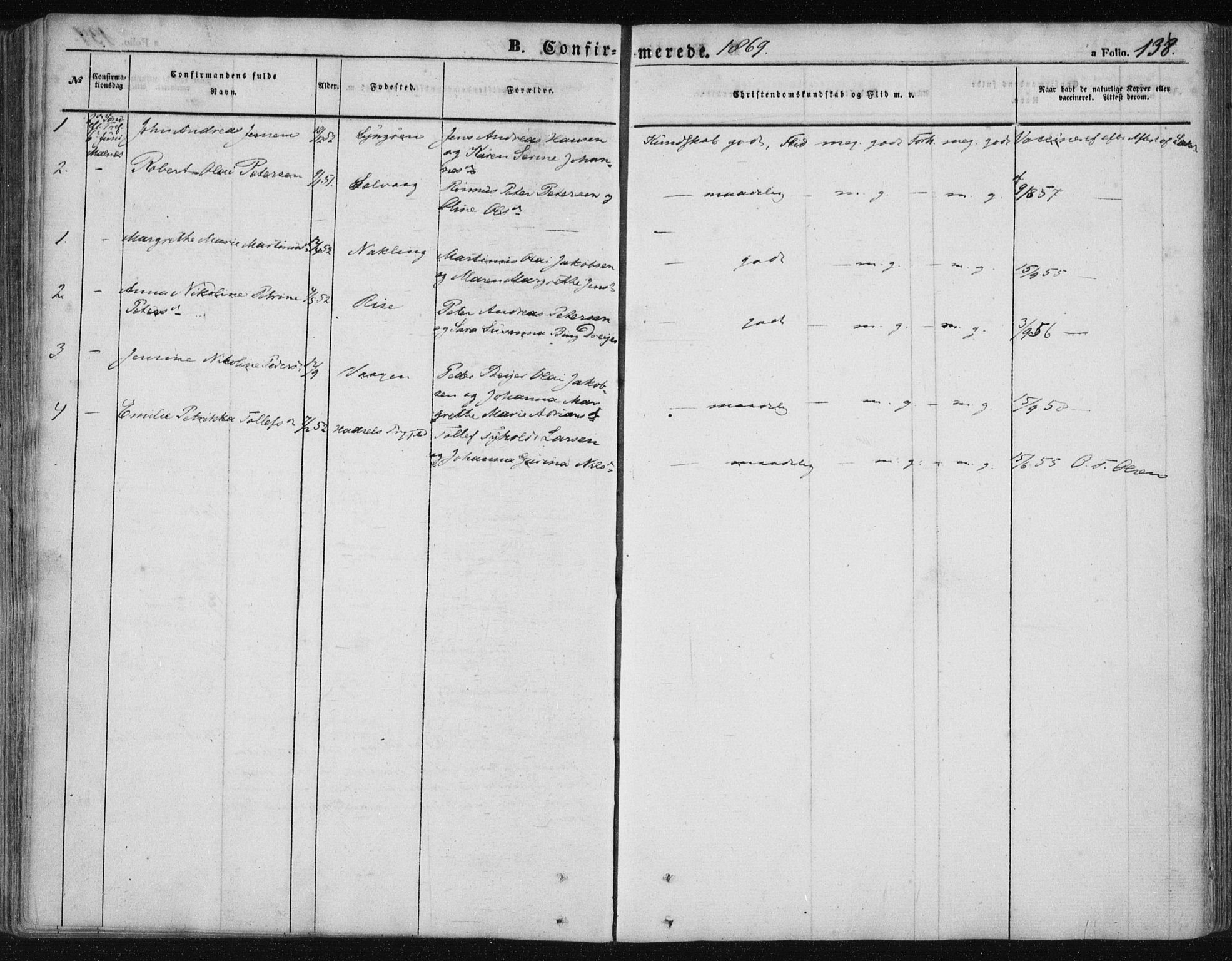 Ministerialprotokoller, klokkerbøker og fødselsregistre - Nordland, AV/SAT-A-1459/891/L1300: Parish register (official) no. 891A05, 1856-1870, p. 138