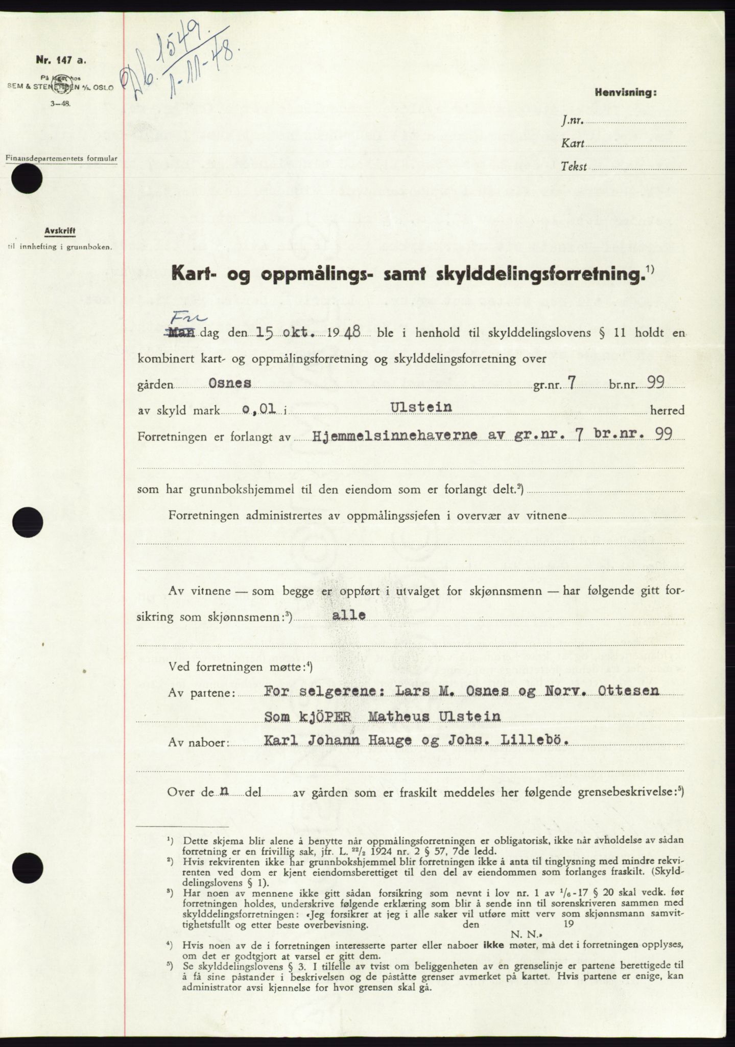 Søre Sunnmøre sorenskriveri, AV/SAT-A-4122/1/2/2C/L0083: Mortgage book no. 9A, 1948-1949, Diary no: : 1549/1948