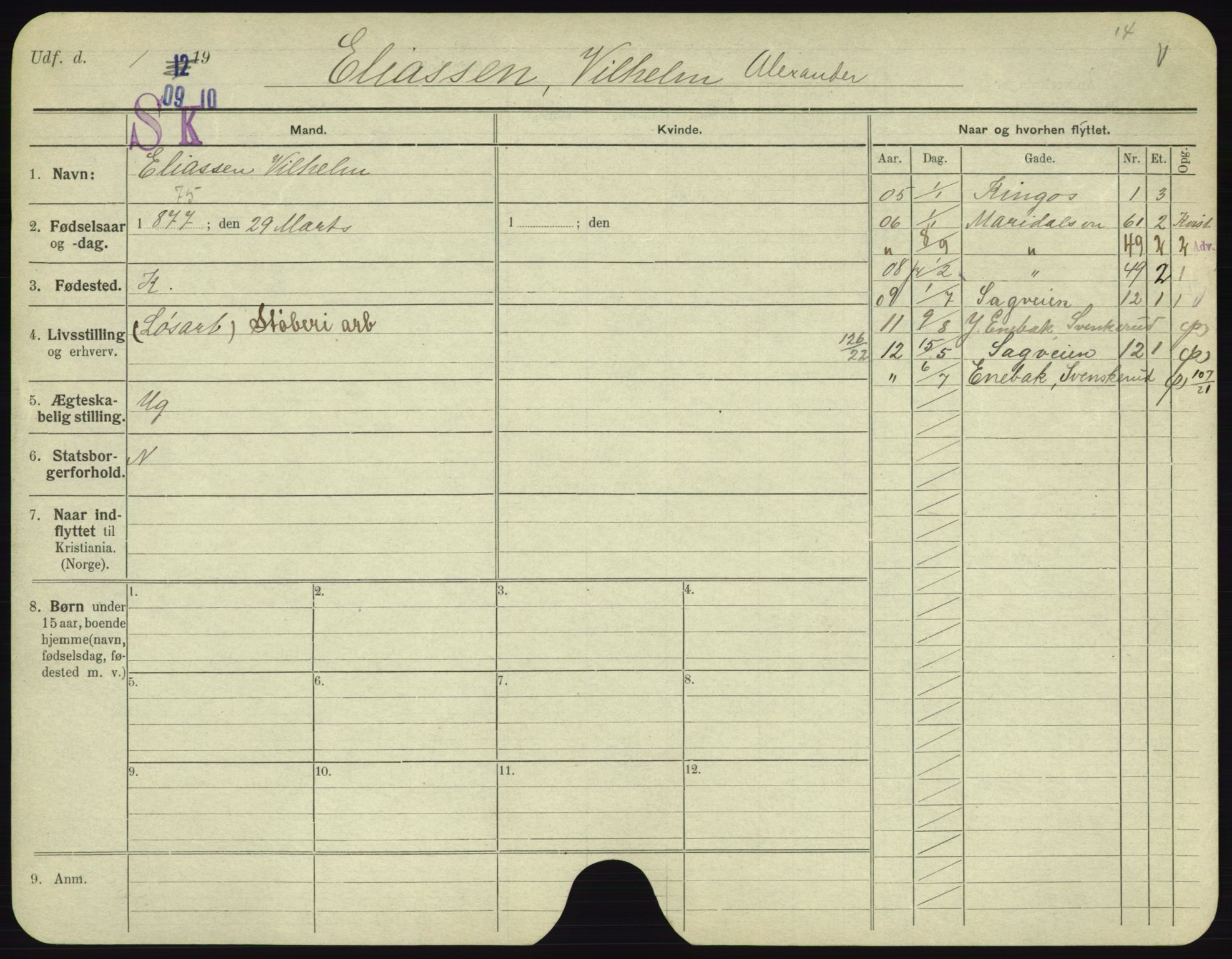 Oslo folkeregister, Registerkort, AV/SAO-A-11715/F/Fa/Fac/L0002: Menn, 1906-1914, p. 851a
