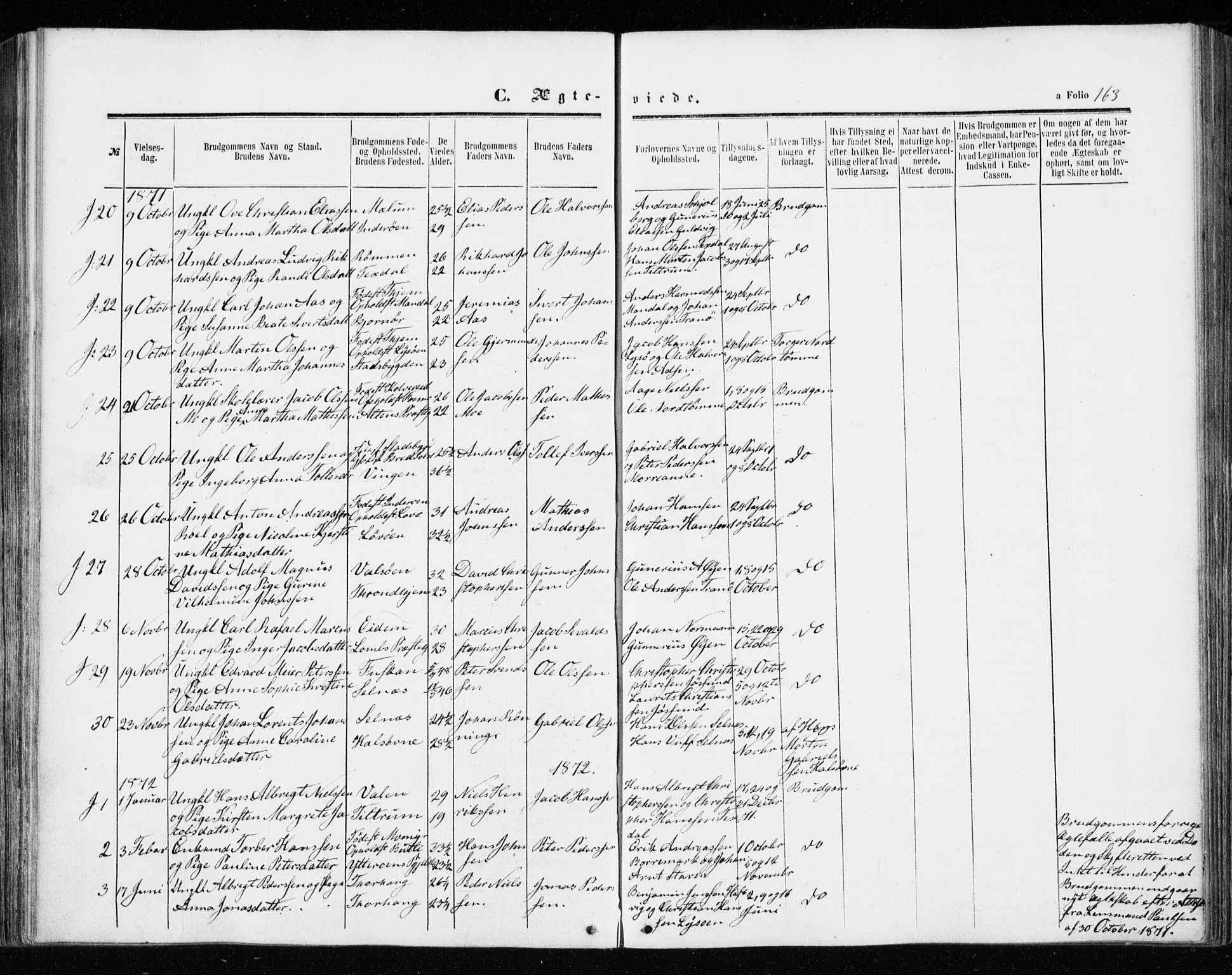 Ministerialprotokoller, klokkerbøker og fødselsregistre - Sør-Trøndelag, SAT/A-1456/655/L0678: Parish register (official) no. 655A07, 1861-1873, p. 163