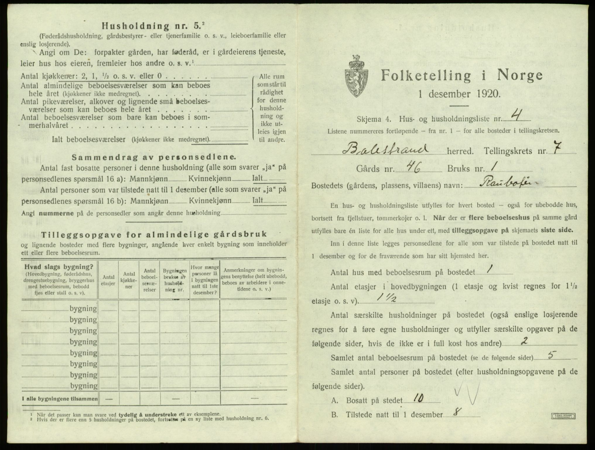 SAB, 1920 census for Balestrand, 1920, p. 427