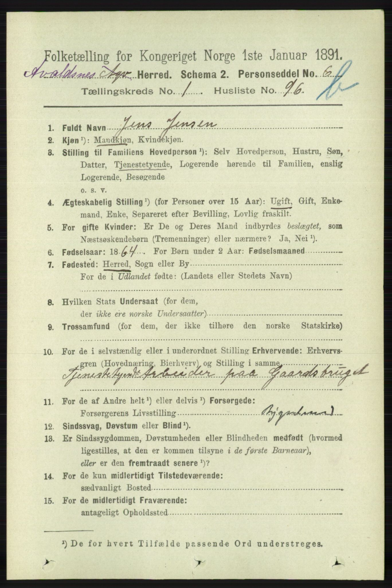 RA, 1891 census for 1147 Avaldsnes, 1891, p. 1786