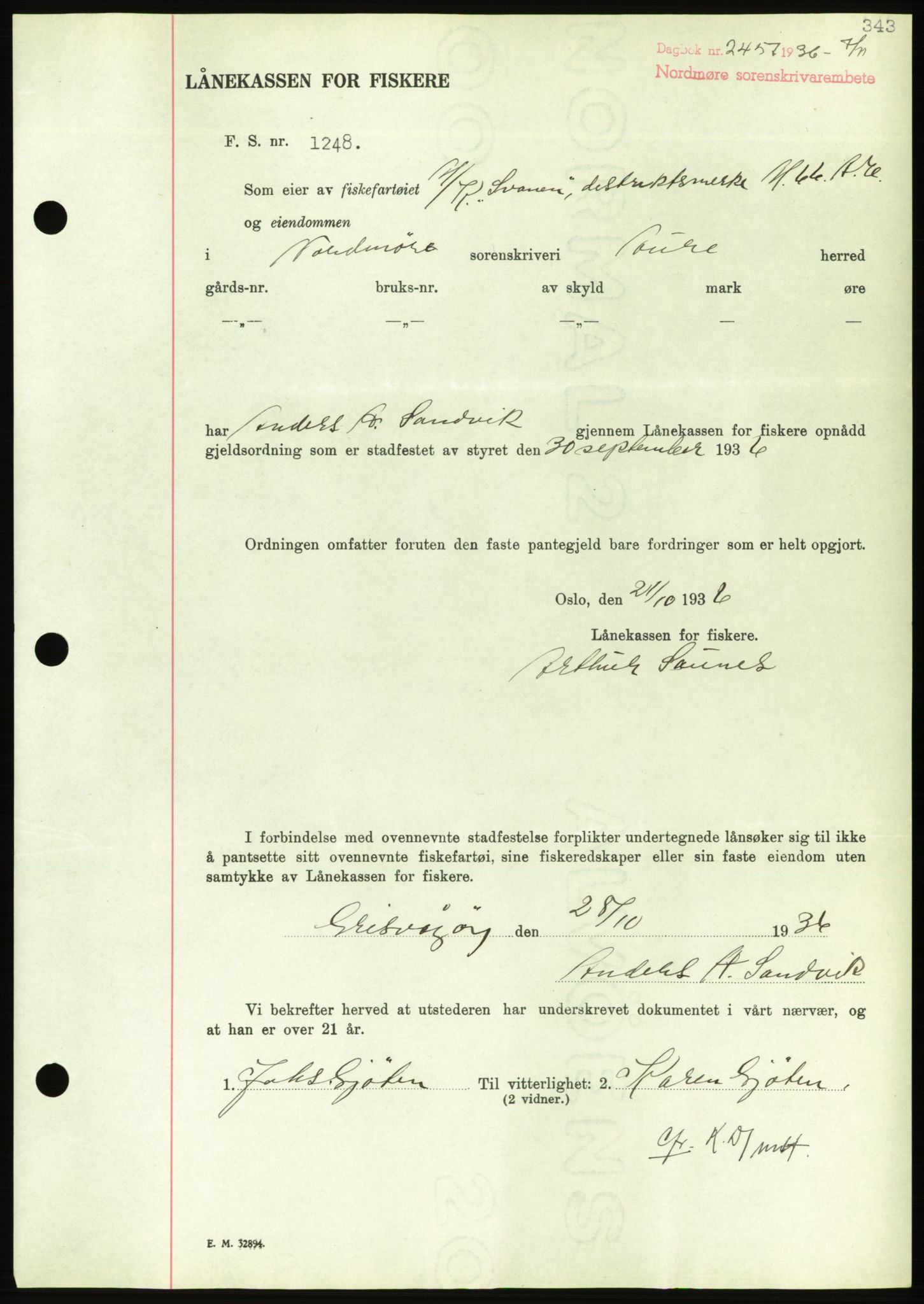 Nordmøre sorenskriveri, AV/SAT-A-4132/1/2/2Ca/L0090: Mortgage book no. B80, 1936-1937, Diary no: : 2457/1936