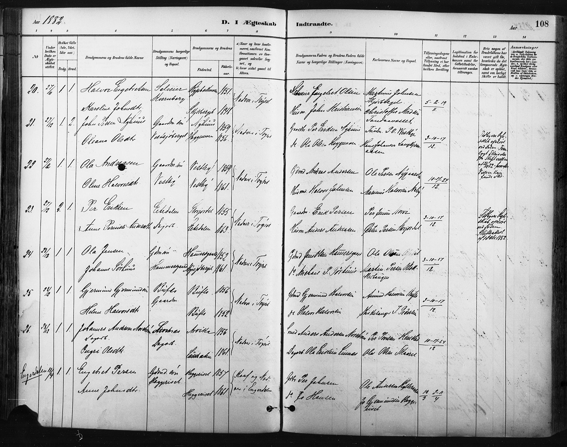 Trysil prestekontor, SAH/PREST-046/H/Ha/Haa/L0009: Parish register (official) no. 9, 1881-1897, p. 108