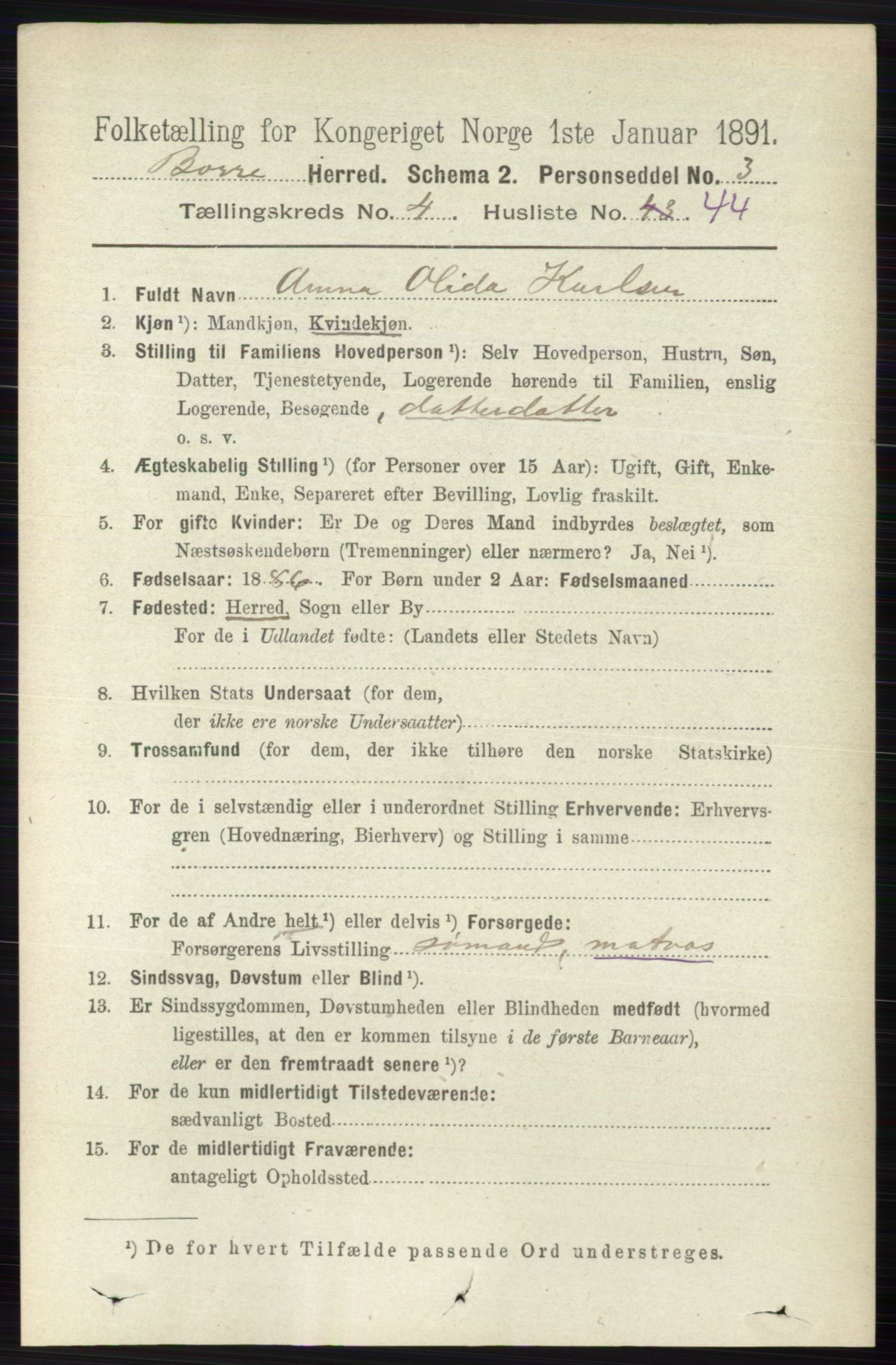 RA, 1891 census for 0717 Borre, 1891, p. 1904