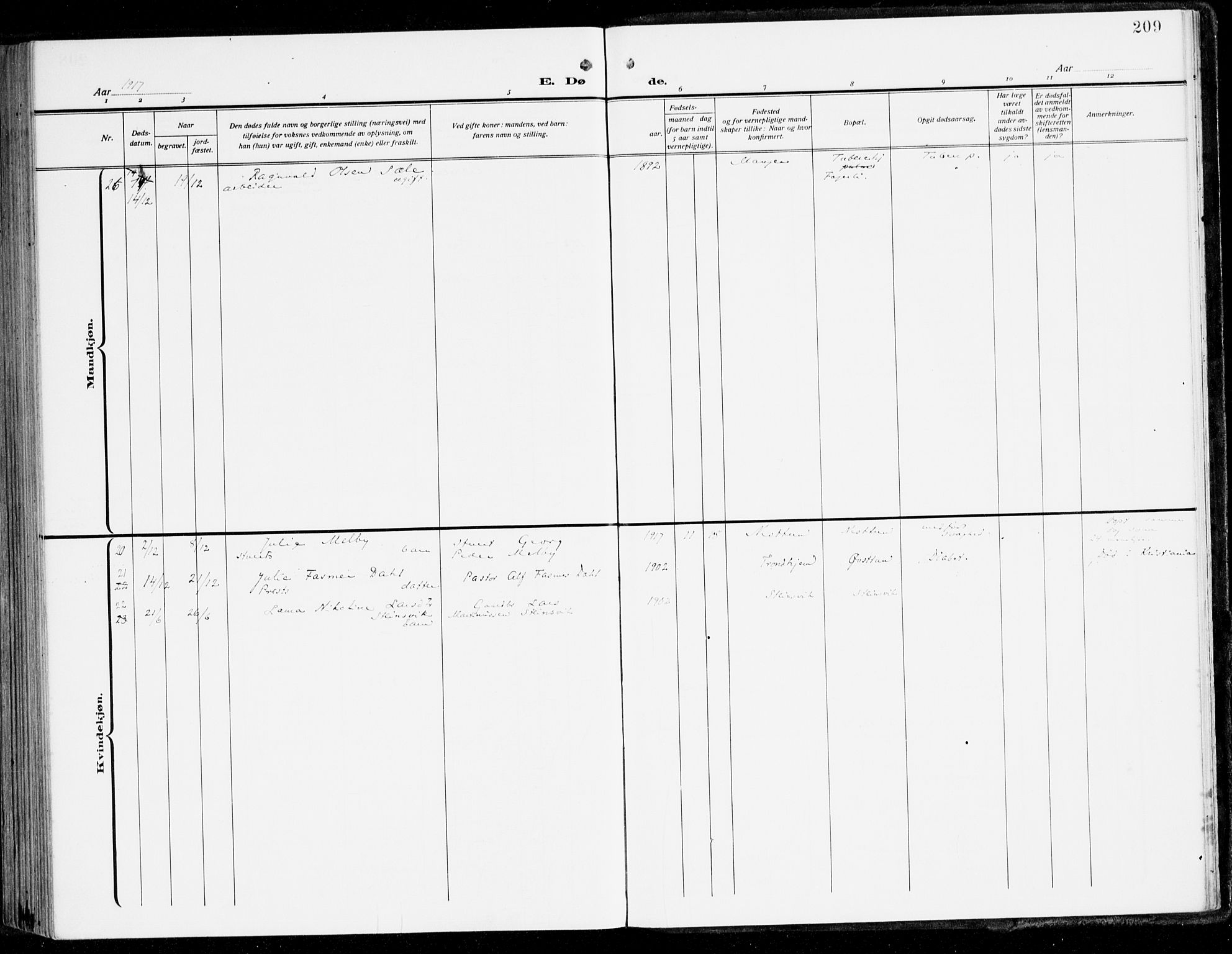 Fana Sokneprestembete, AV/SAB-A-75101/H/Haa/Haai/L0004: Parish register (official) no. I 4, 1912-1933, p. 209